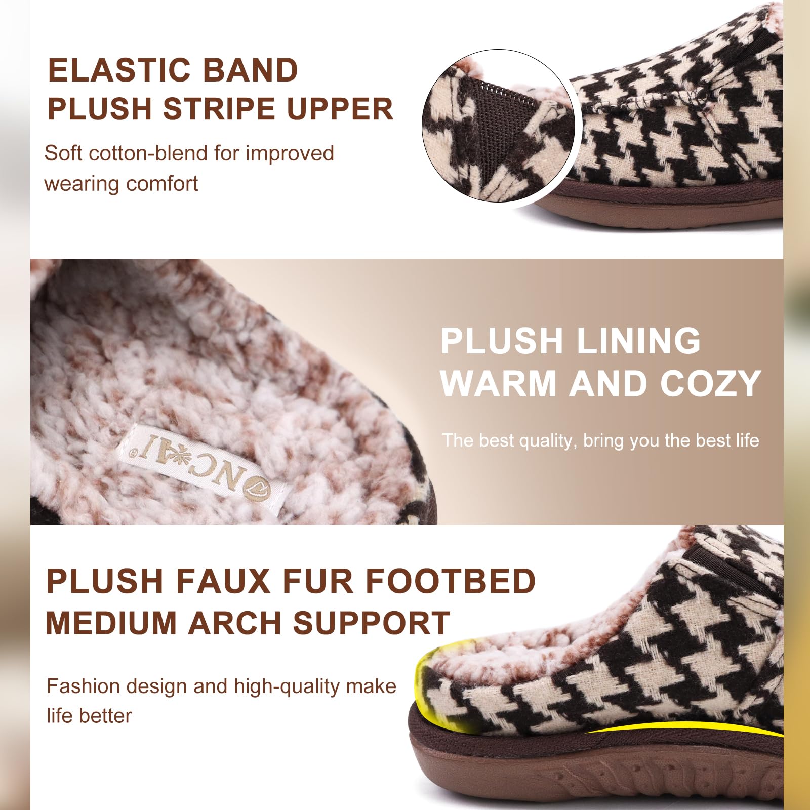 ONCAI Pantofole Donna Peluche Tessuto di Lana Houndstooth Misto Cotone Morbido Memory Foam Comode Plaid Pelliccia sintetica Ciabatte da casa Interno Esterno Tappetino Yoga Suola di Gomma Taglie 35-42