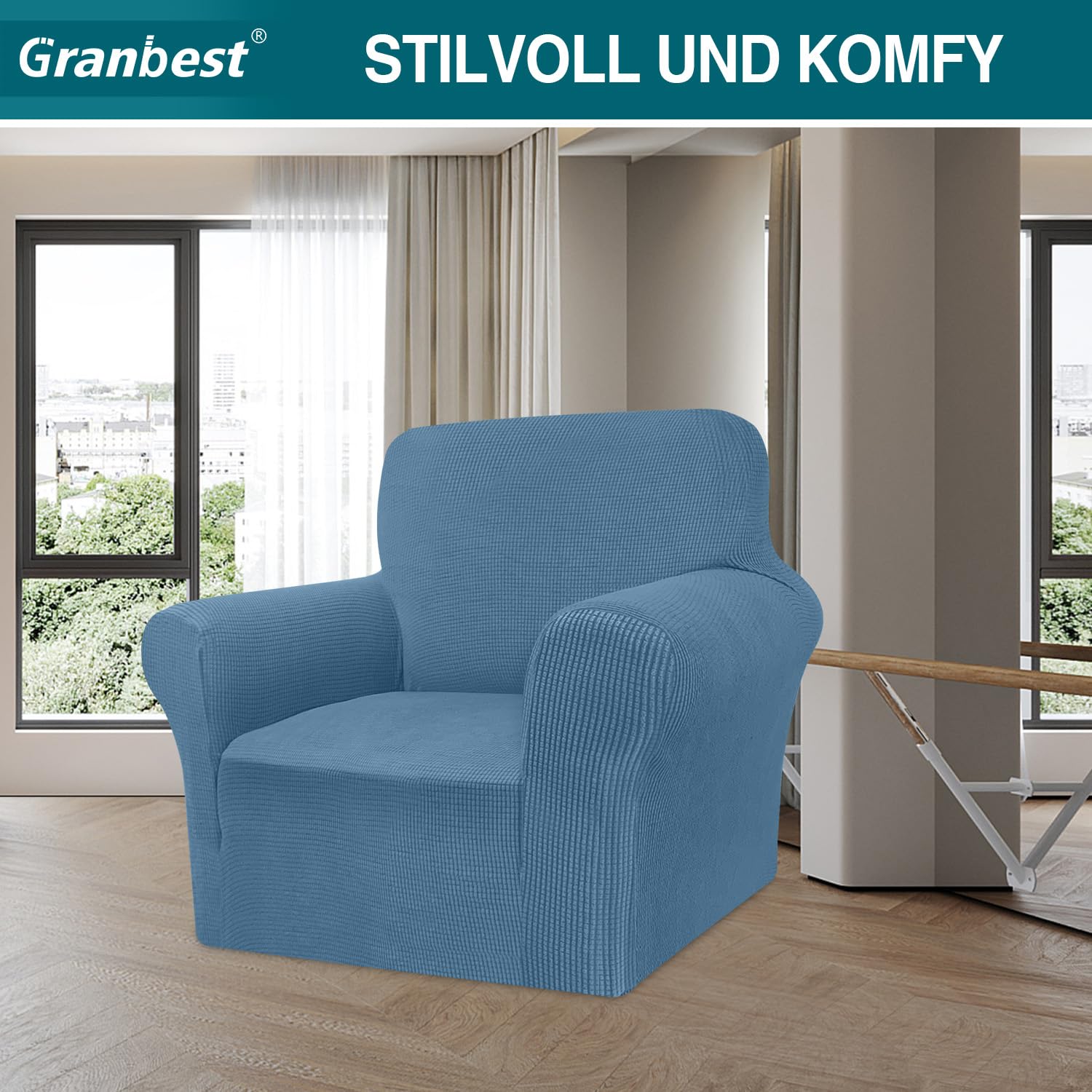 Granbest Copridivano ad alta elasticità, moderno copridivano jacquard, elasticizzato, per soggiorno, protezione per cani, animali domestici (1 posto, azzurro)