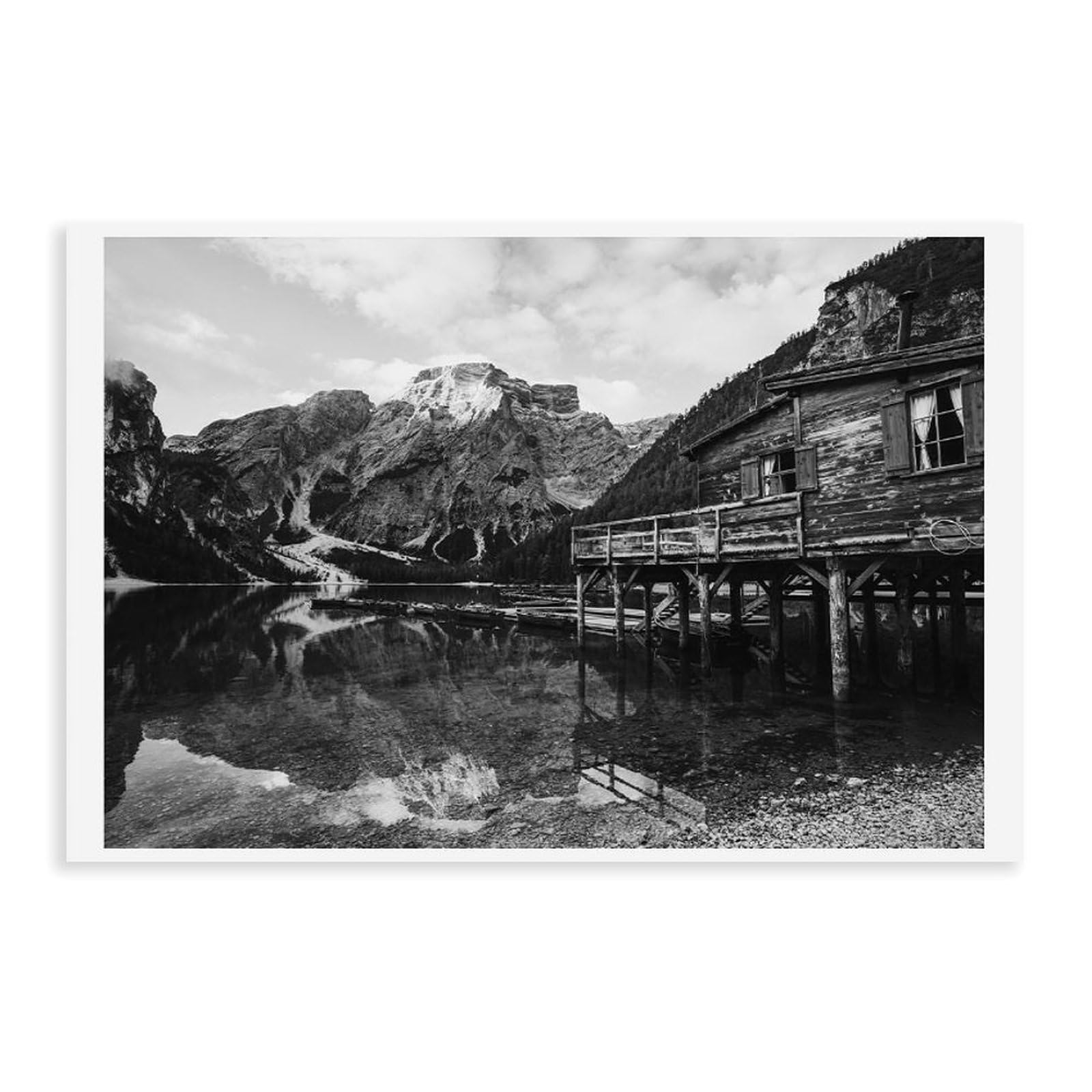 HEYANM Dolomites Boathouse Black And White Print Alps Lake Moody Mountain Cabin Wall Art Canvas Poster Bedroom Office Room Decor Gift Unframe 20x30inch