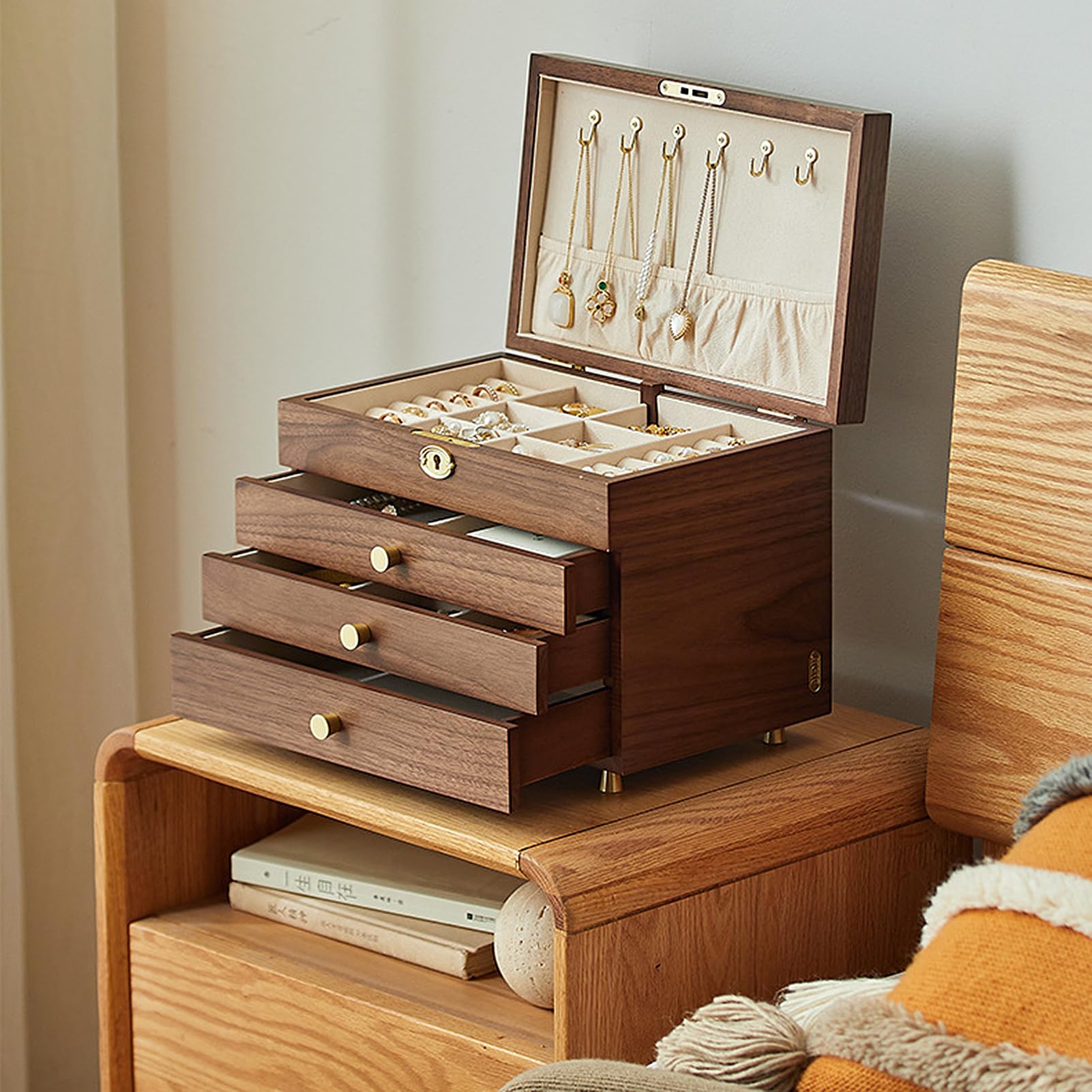 Drewniane pudełko na biżuterię w stylu vintage, przenośny, podróżny organizer na biżuterię, do zegarka, naszyjnik, pierścionek, kolczyki, duża pojemność