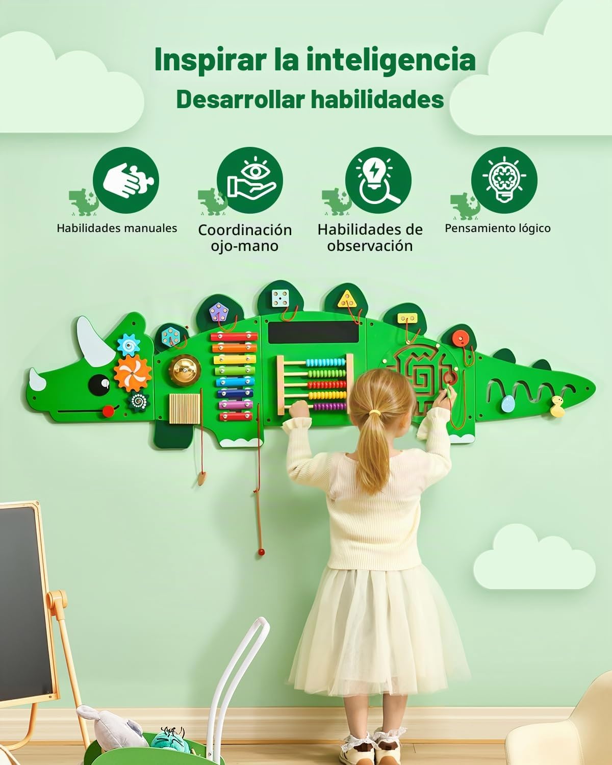 VEVOR Paneles de Actividades de Pared con Forma de Dinosaurios, 11 Actividades, Juguete Sensorial de Pared Montessori para Niños de 3 a 12 Años para Salas de Juegos Infantiles y Aulas de Guardería