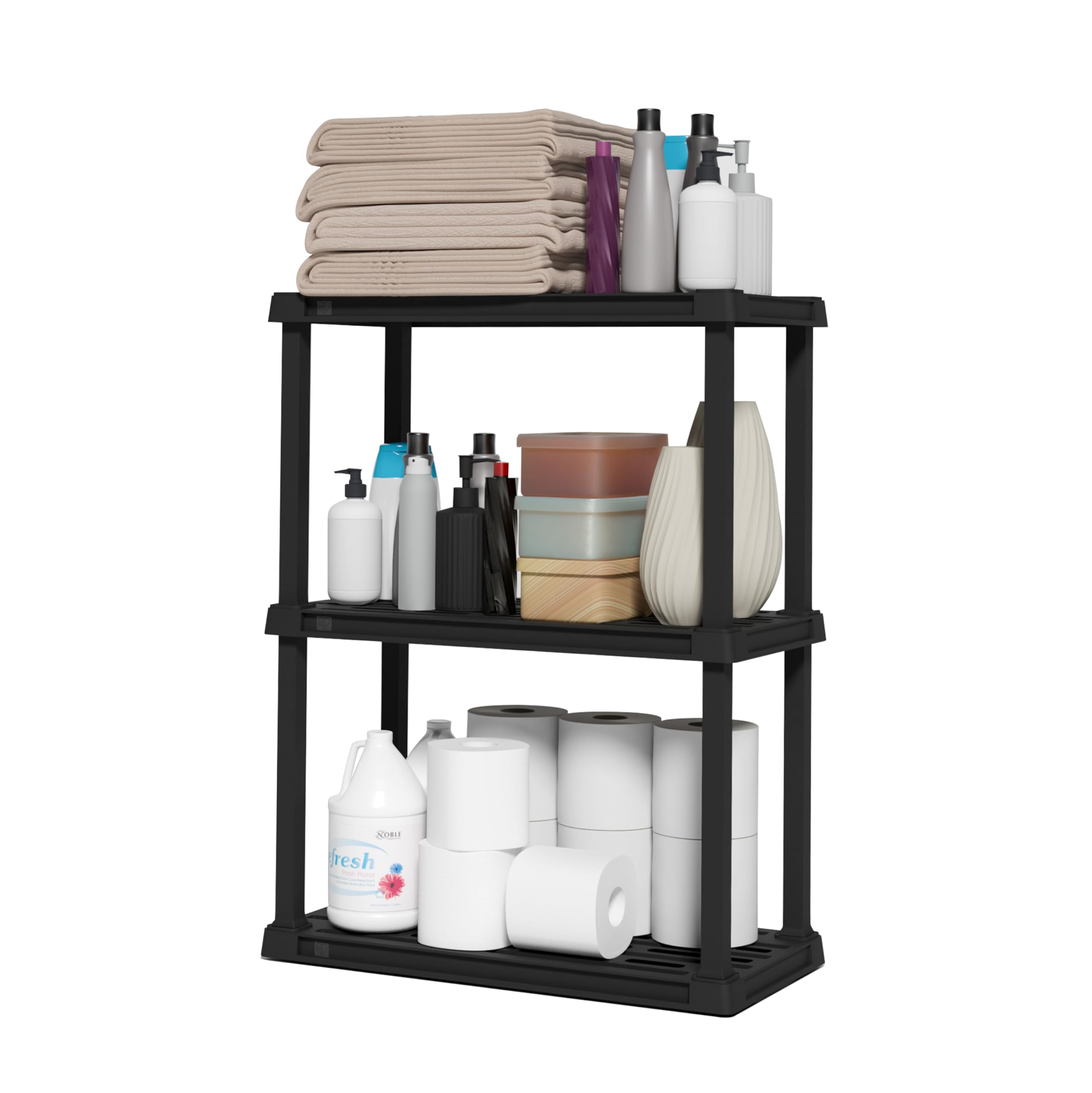 IRIS USA 3-Shelf Light Duty Plastic Storage Shelves, 150lb Capacity, 33" H x 24" W x 12" D, Medium Modular Shelving Unit Storage Organizer for Bathroom, Laundry, Garage & Home, Storage Rack - Black