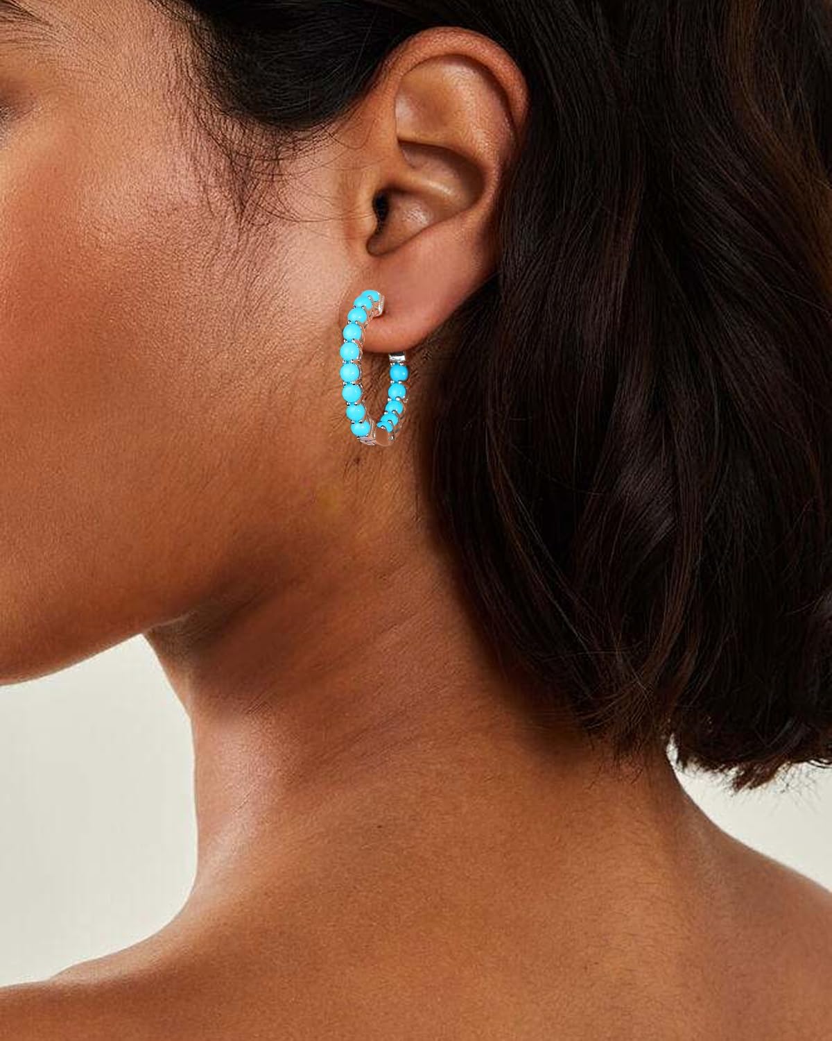 AIBAO Authentic Turquoise/Opal Hoop Earrings for Women Sterling Silver Natural Gemstone Huggie Earrings Western Boho Jewelry Gift for Birthday Valentines Anniversary