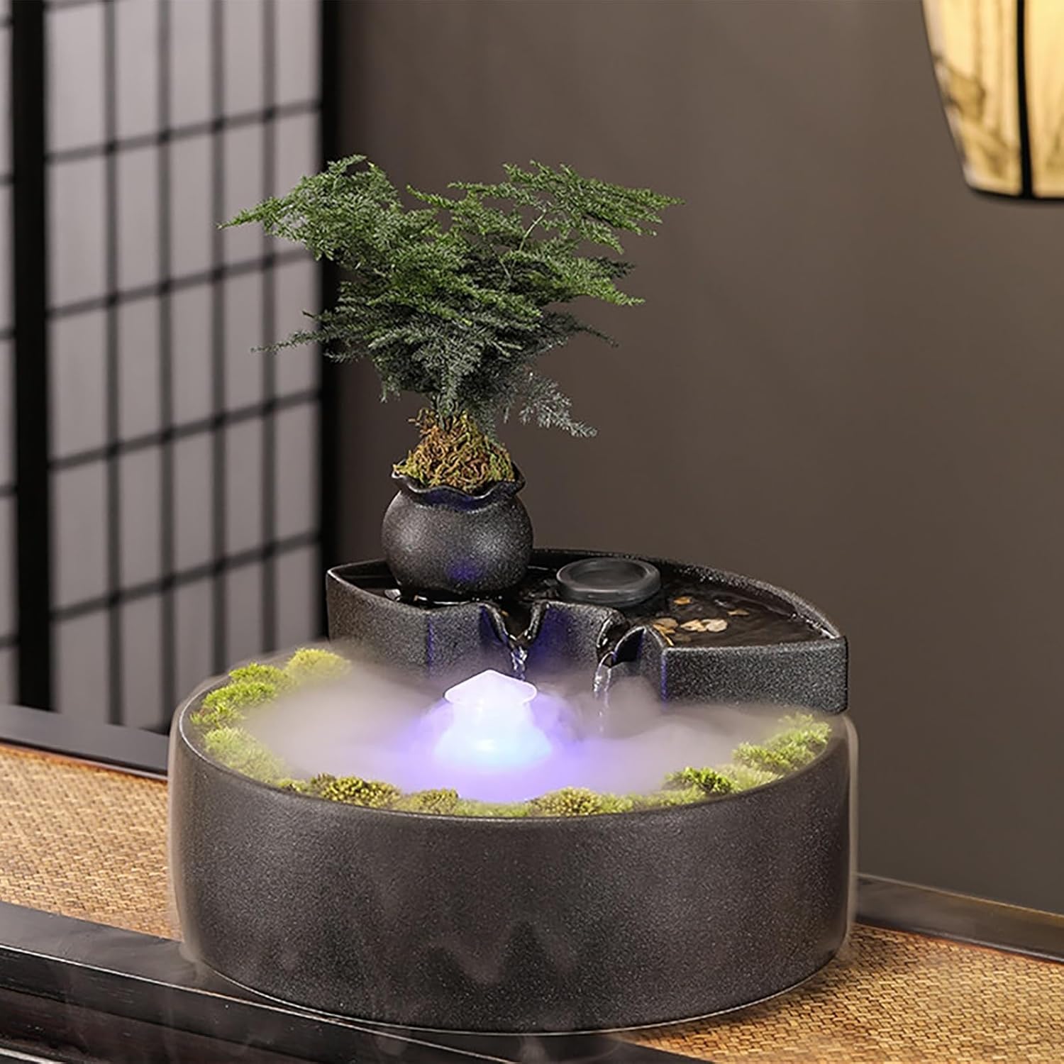 Table Water Fountain, Cyclic System for Wealth, Relaxation, Ceramic Tabletop Decor, Desktop Office Living Room Tea(A)