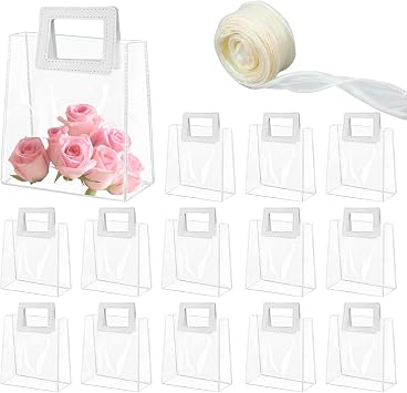 Qiuruoo 30 Pcs Clear Gift Bags with Handles, Transparent PVC Gift Bags with Ribbon, Reusable Plastic Boxes for Bridal Shower, Baby Shower, Wedding, Birthday 7 x 8 x 4 Inch,White