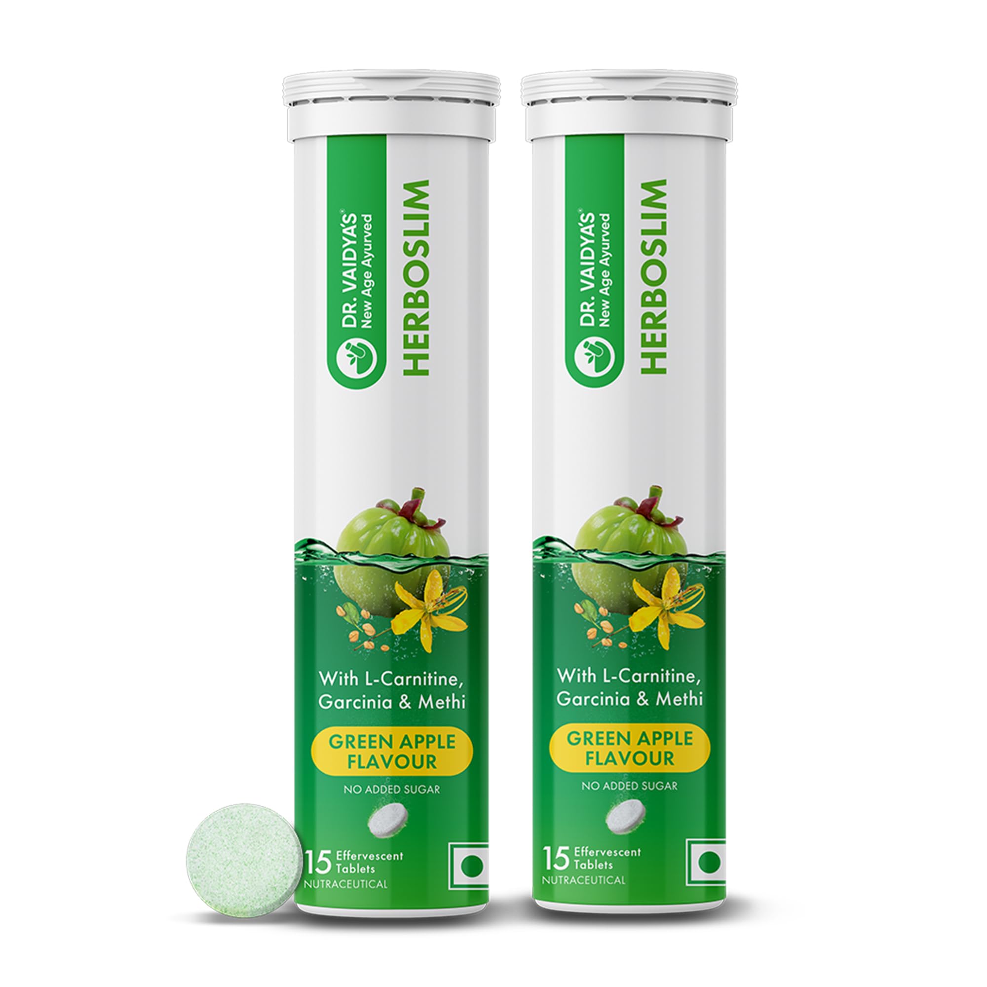 Dr. Vaidya's Herboslim Effervescent with L-Carnitine, Garcinia | No Added Sugar | Boosts Metabolism | Green Apple Flavour | (15 Tablets Each) Pack of 2