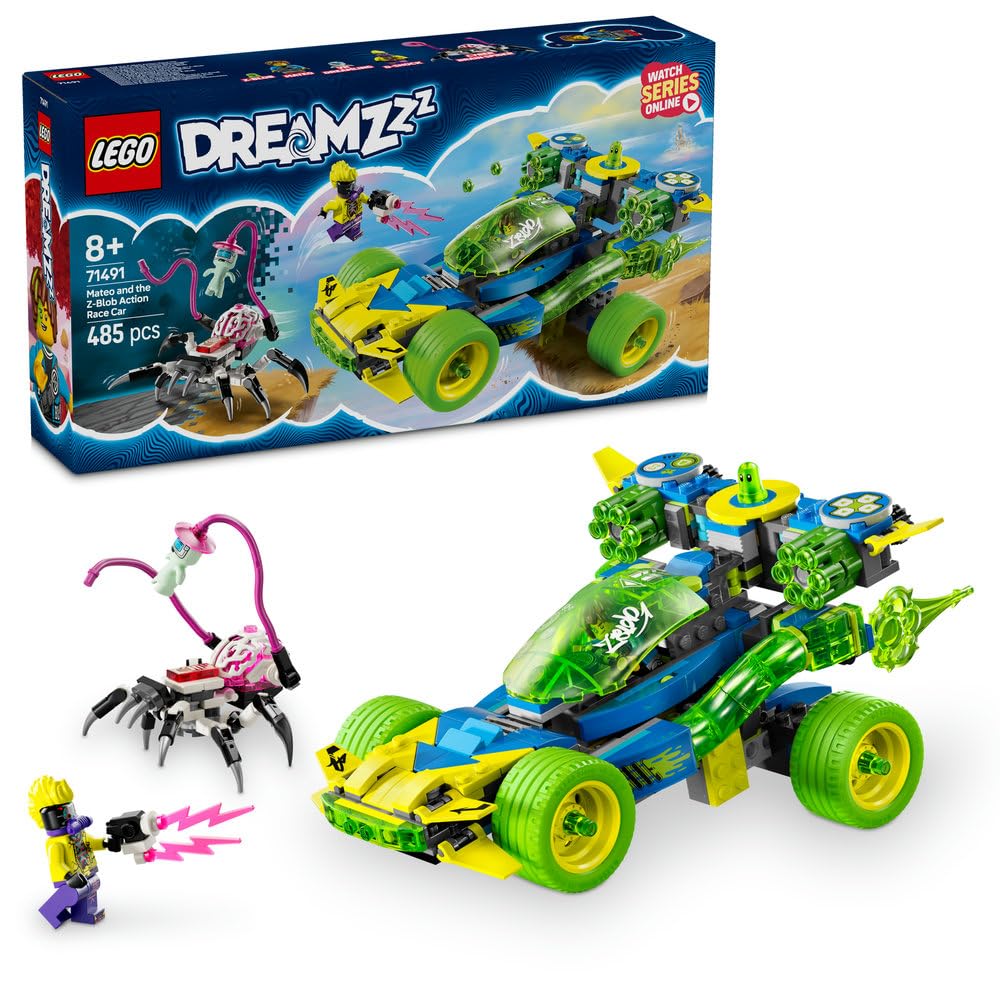 LEGO DREAMZzz Samochód Wyścigowy Mateo i Z-Bloba, Konstrukcyjna Zabawka dla Dziecka do Zbudowania 2 w 1, Minifigurki Mateo i D-Shocka, Kreatywny Prezent dla 8-latka, Chłopca i Dziewczynki, 71491