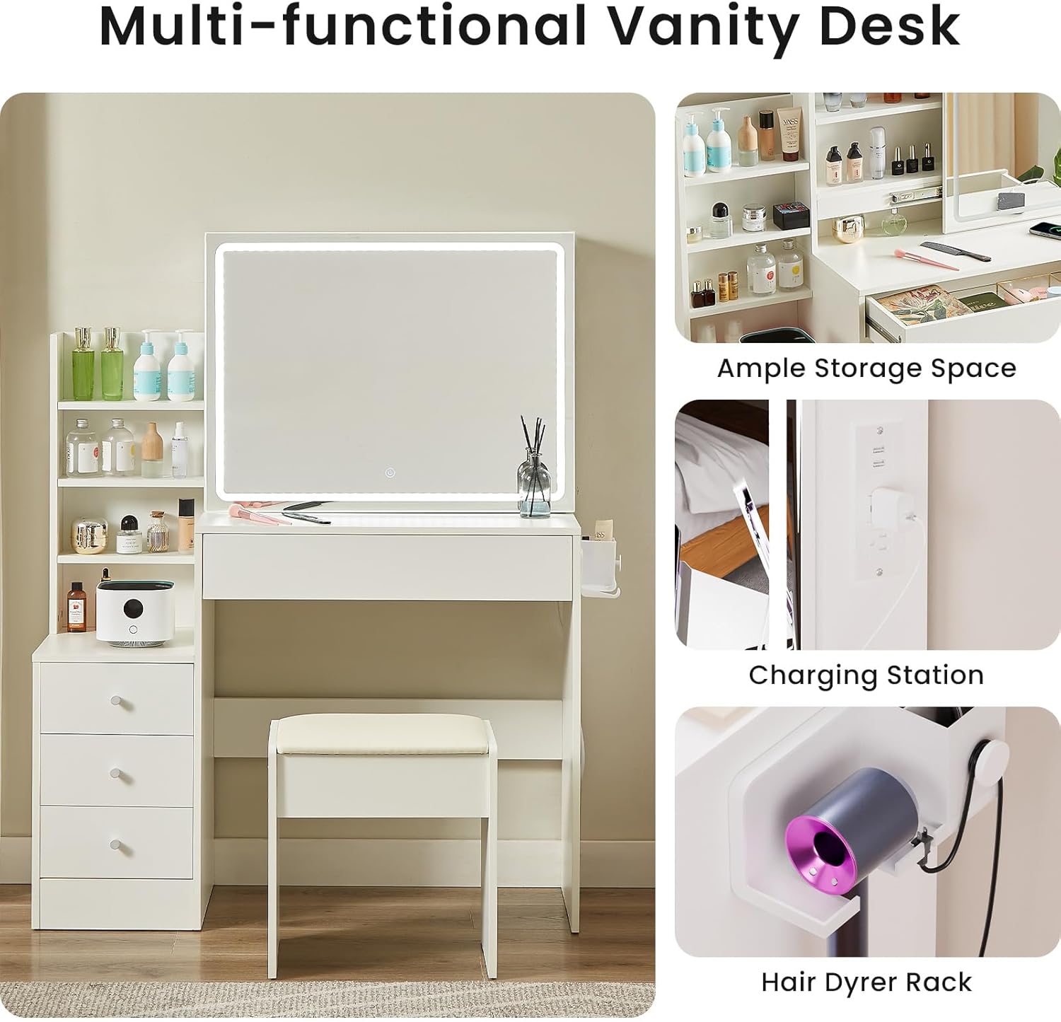 Makeup Vanity, Fashion Vanity Desk with Mirror and Lights, Makeup Vanity with Drawers & Shelves, White Vanity with Lighted Mirror, 3 Color Lighting Brightness Adjustable