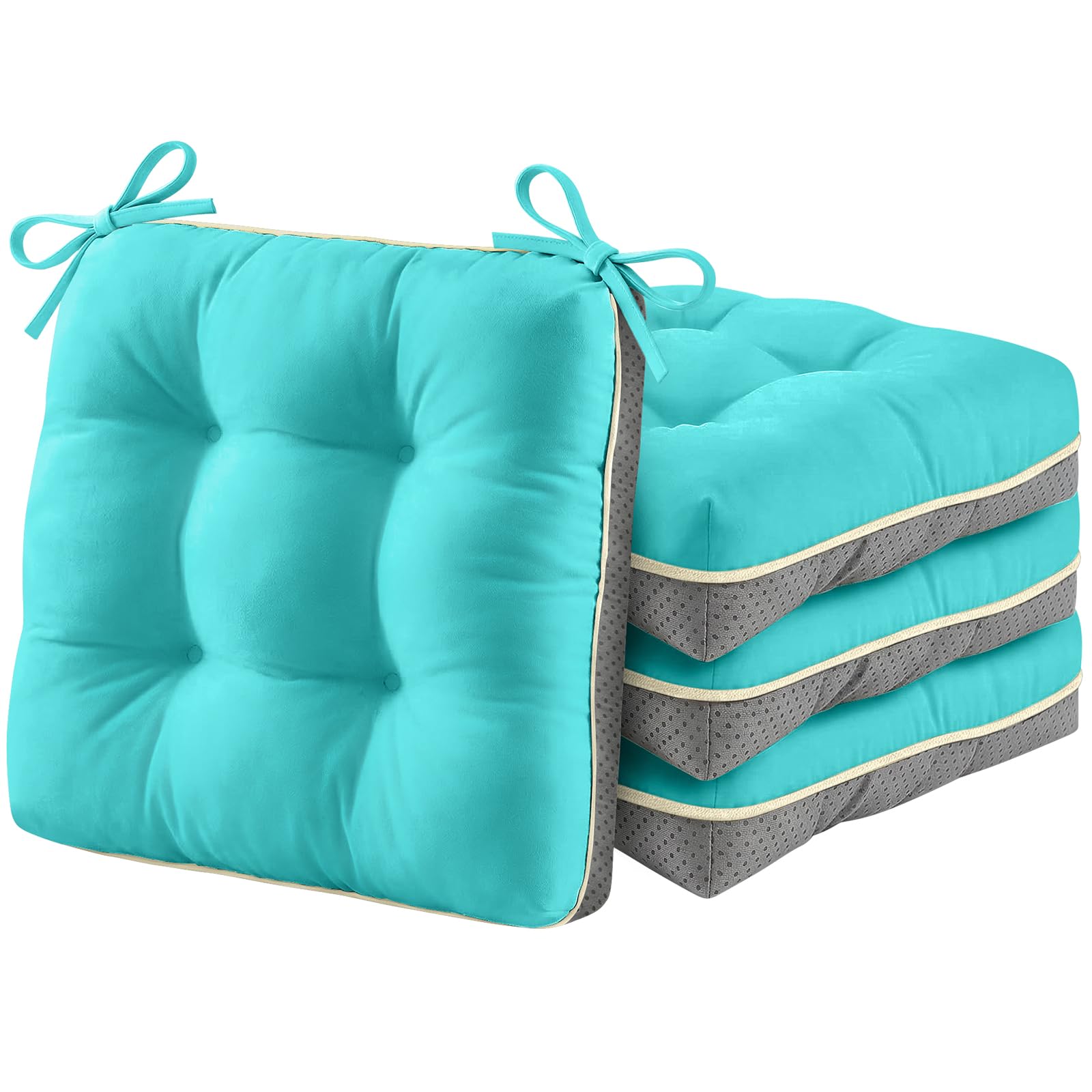 AS AWESLING 4 Pack Garden Chair Cushions with Ties - Soft Wipeable Oxford Cover & Plush Shredded Foam for Patio, Dining Chairs, Indoor Outdoor Use (AQUA BLUE, 48cm x 48cm)