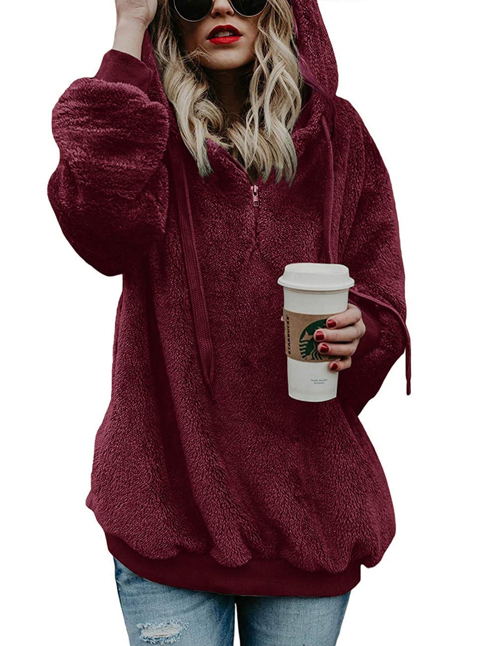 iWoo Womens Jumpers Fluffy Teddy Fleece Winter Warm Hoodie Stylish Drawstring Zip Pullover Sweatshirt for Women(Wine Red,XXL)