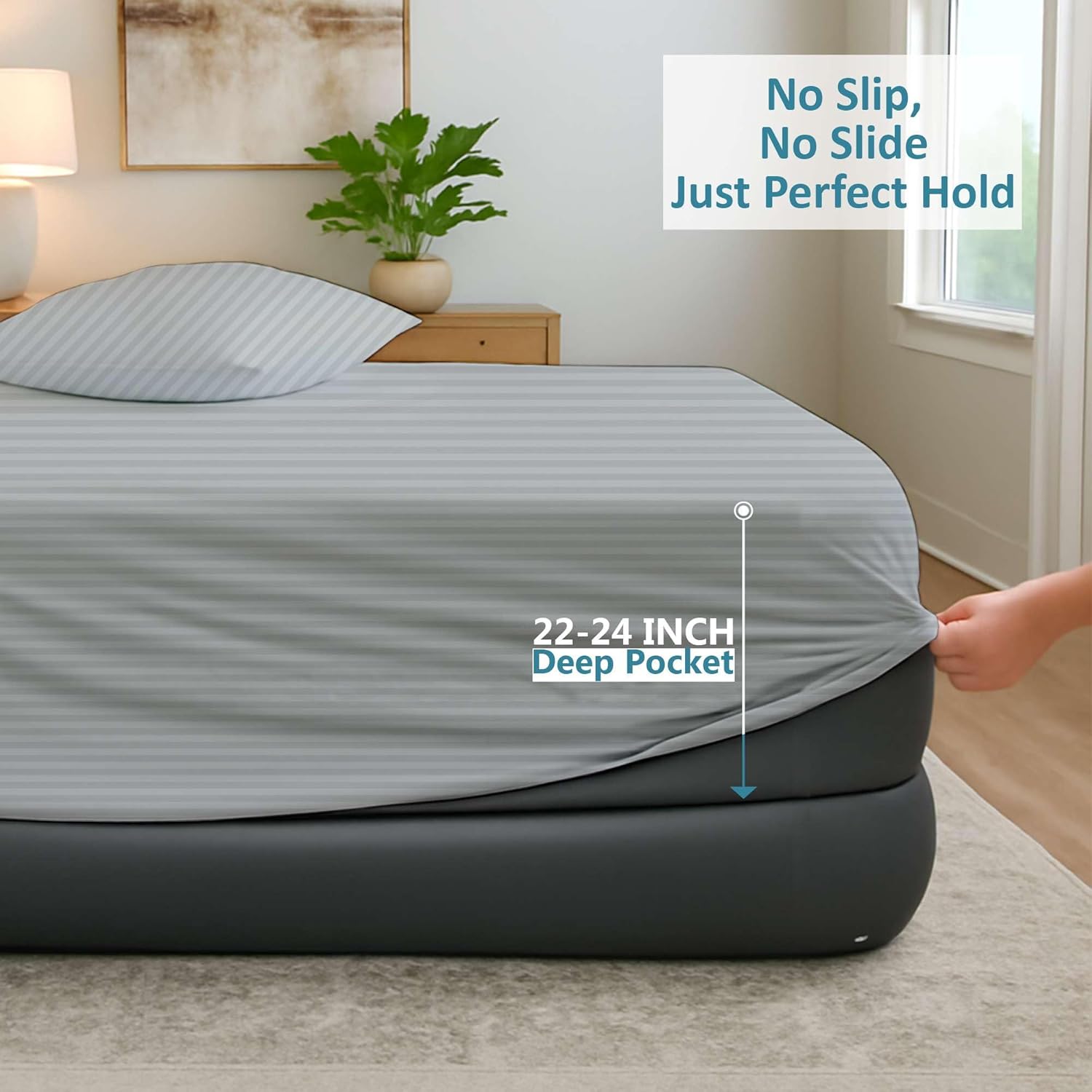 Ready To Rest Twin XL Size Air Mattress Sheet Set - Fits 18in to 24in Pillow Top - for Guests, Camping, RVs, Includes 2 Pillowcase, 1 Flat Sheet & 1 Fitted Sheet (Light Grey Stripe)