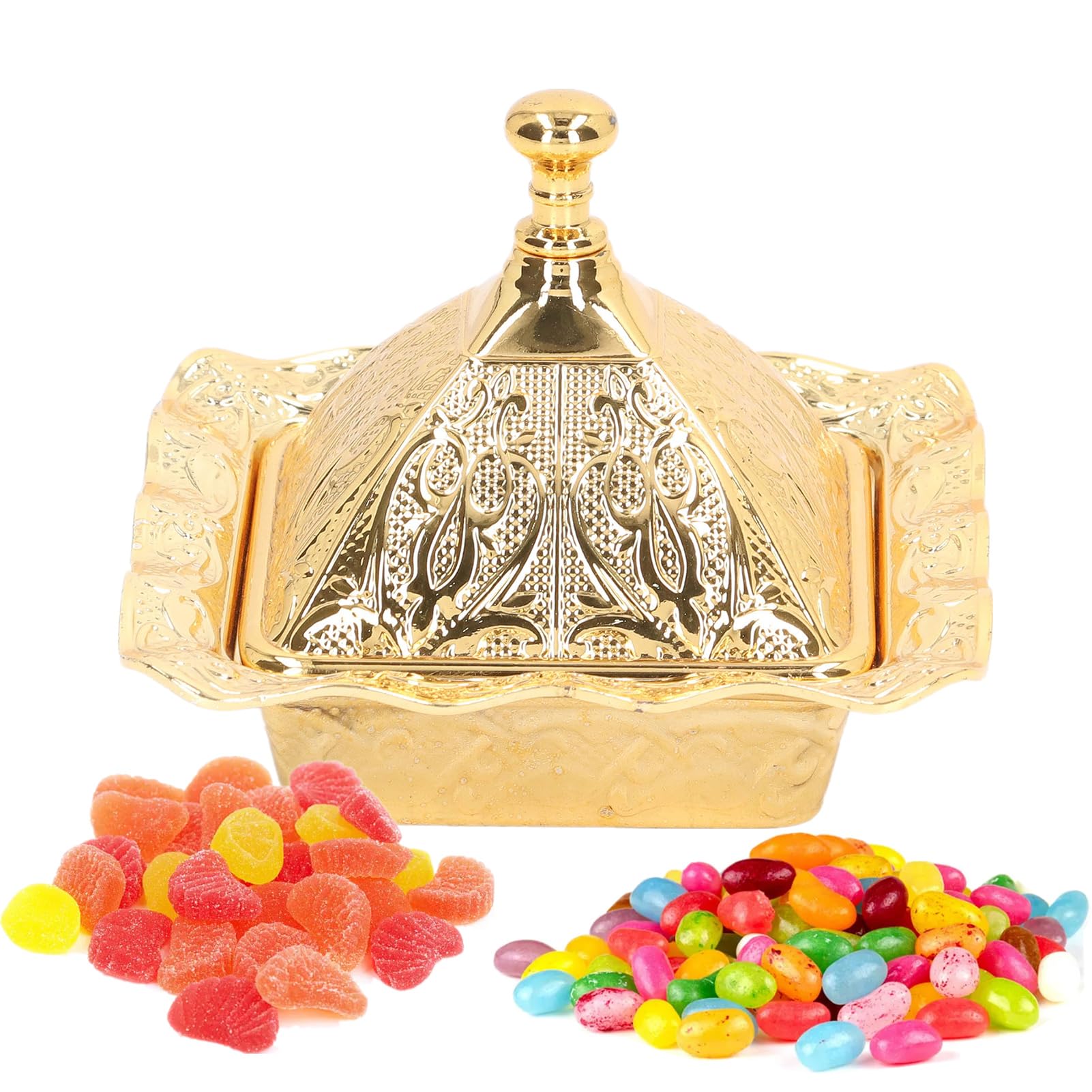 Gold Candy Bowl, Turkish Sugar Chocolate Candy Bowl Serving Dish with Lid Zinc Alloy Decorative Snack Holder for Parties Wedding Table