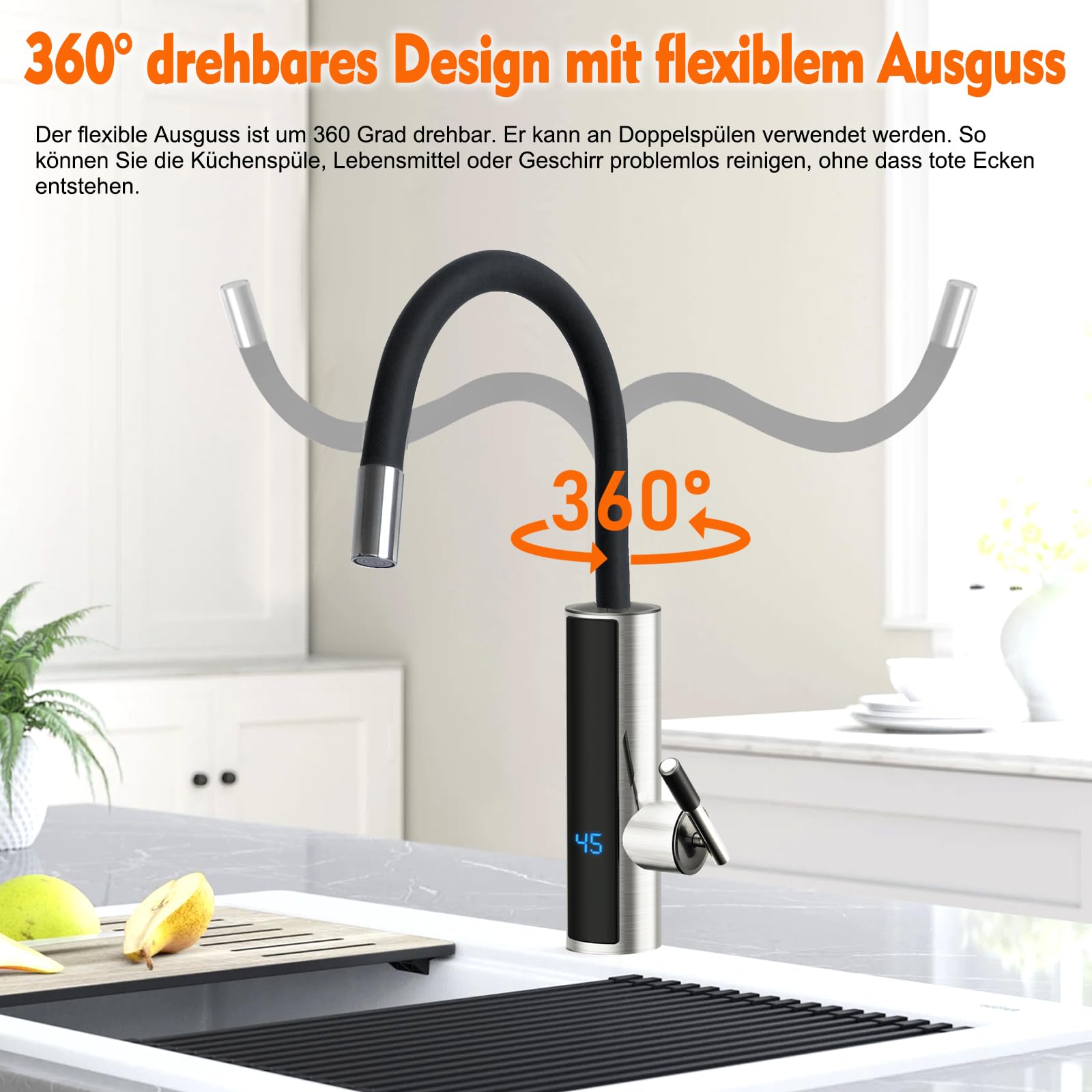 Wasserhahn mit Durchlauferhitzer 230V Küche Edelstahl Elektrischer Durchlauferhitzer Wasserhahn mit 360 ° Drehbarer Wasserhahn,LED-temperaturanzeige
