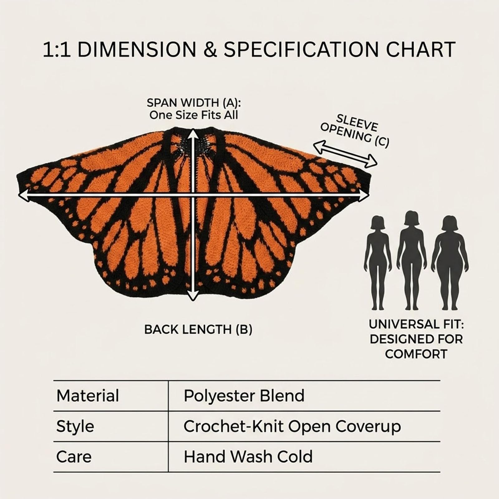Genérico Cárdigan de Mariposa Monarca para Mujer - Chaqueta de Punto de Ganchillo Frente Abierto - Capa Poncho Boho con Patrón de Alas