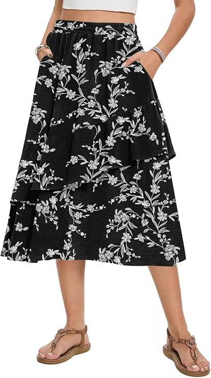 Leafsay Women's Boho Tiered Midi Skirt Vintage Summer Elastic High Waist Skirt Ruffle A-Line Flowy Skirts with Pockets