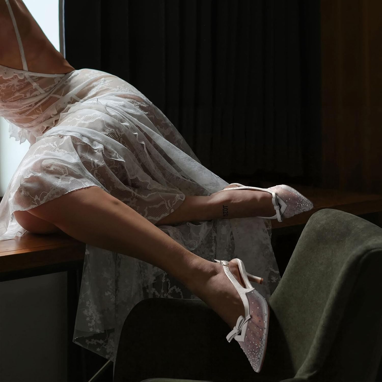 Mattiventon Slingback Heels for Women Kitten Heels Bow Ankle Strap Pointed Toe Heel Sexy Wedding Dress Party Pumps - Image 5