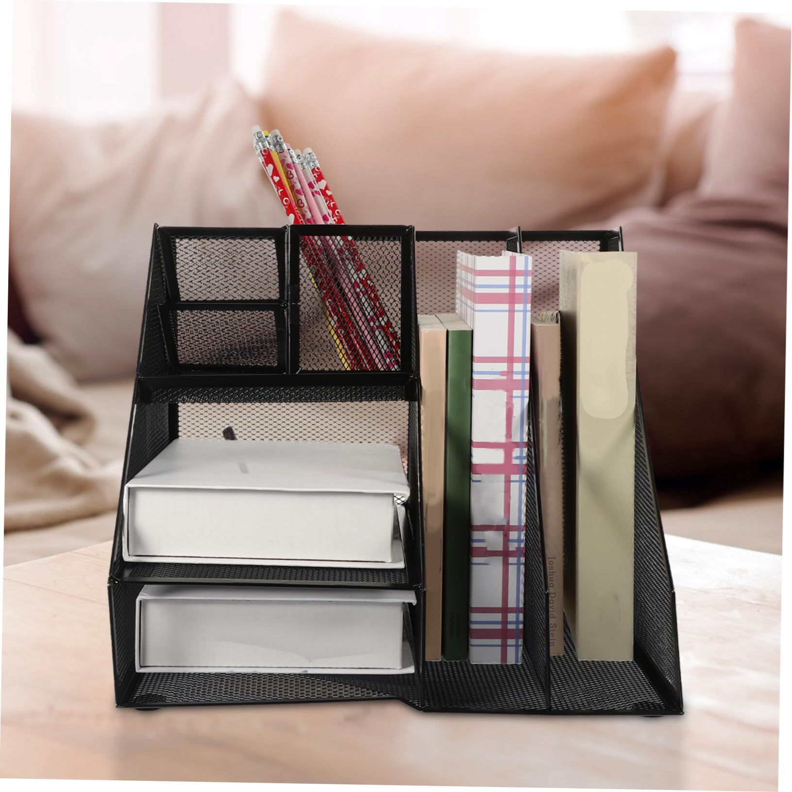 Metall Aktenhalter mit Zwei Fächern und Drei Linken Stiftehalter Robuster Desktop Organizer für Effiziente Papierorganisation und Bürobedarf Schwarzer Schreibtisch