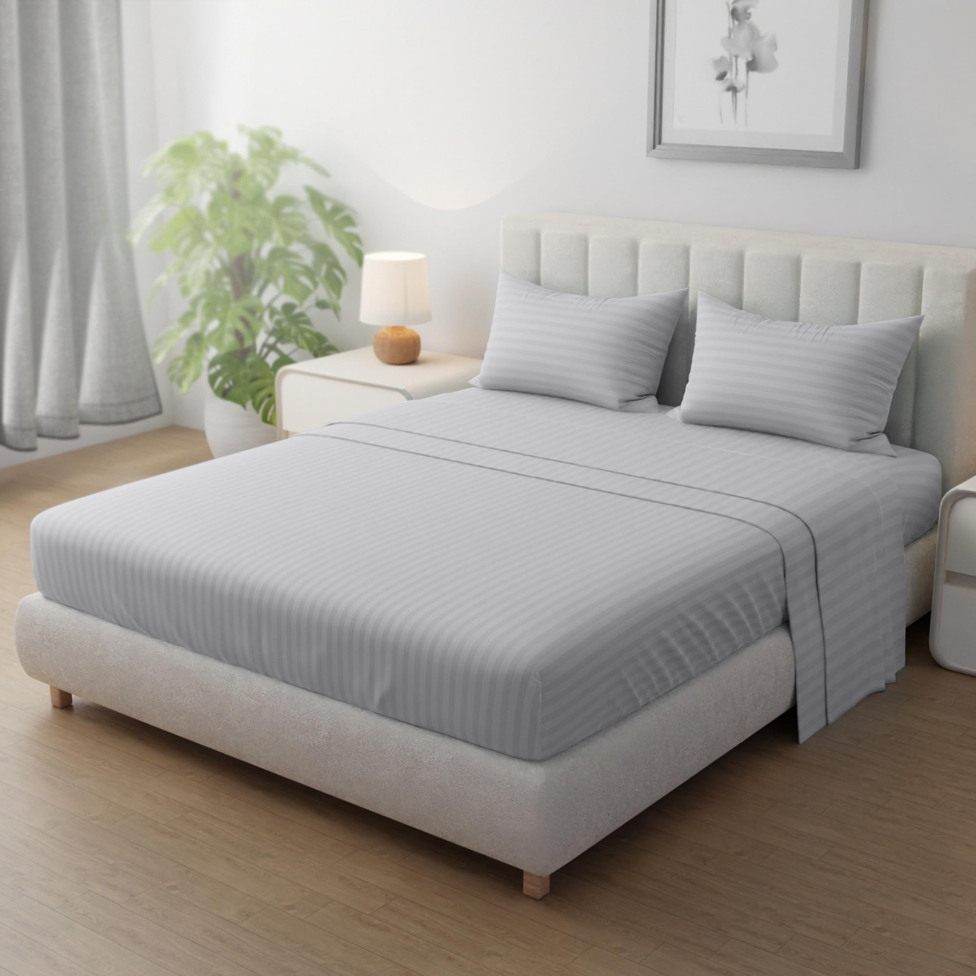 Striped Microfiber Fitted Sheet Set - Super King (200 x 200 cm) + 2 Pillowcases (50 x 75 cm), Premium Durable Quality and Deep Pocket for a Perfect Fit, Light Grey