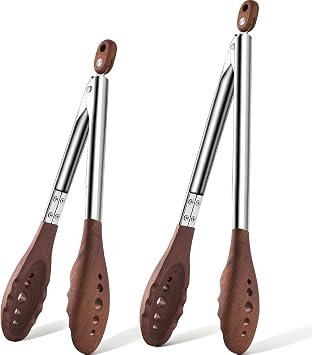 Wooden Tongs for Cooking - 9" & 12 Inch Nonstick Natural Walnut Wood Tongs