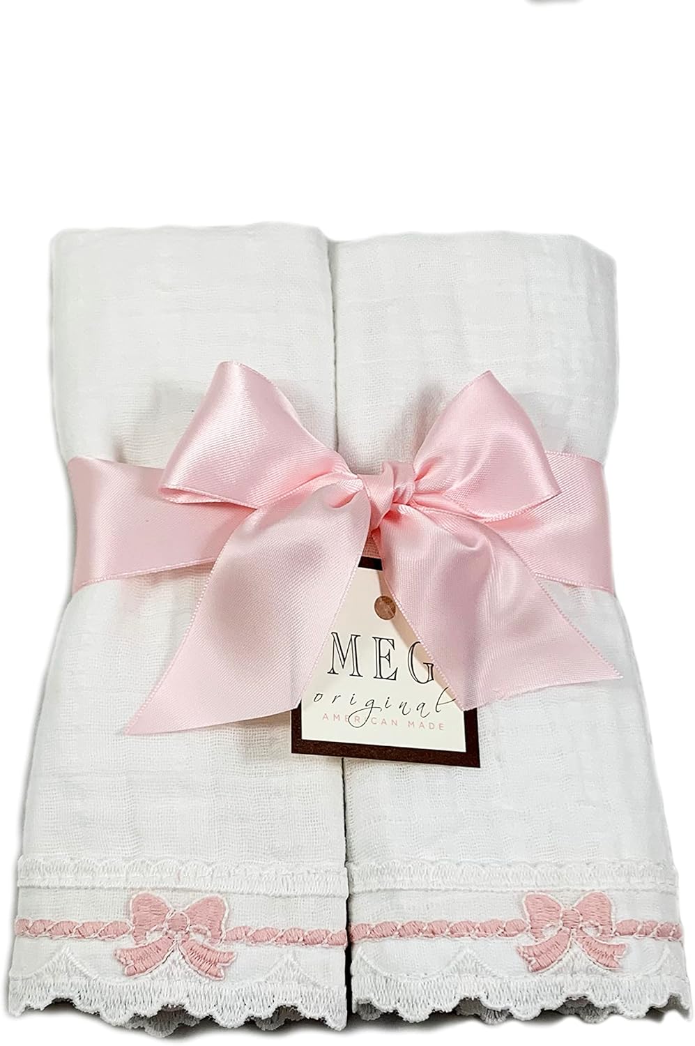 Cotton & Lace Baby Girl Burp Cloth Set of 2 ( Heirloom Collection ) Pink Bows + Option to Personalize with Name or Initials Monogram by MEG Original Boutique