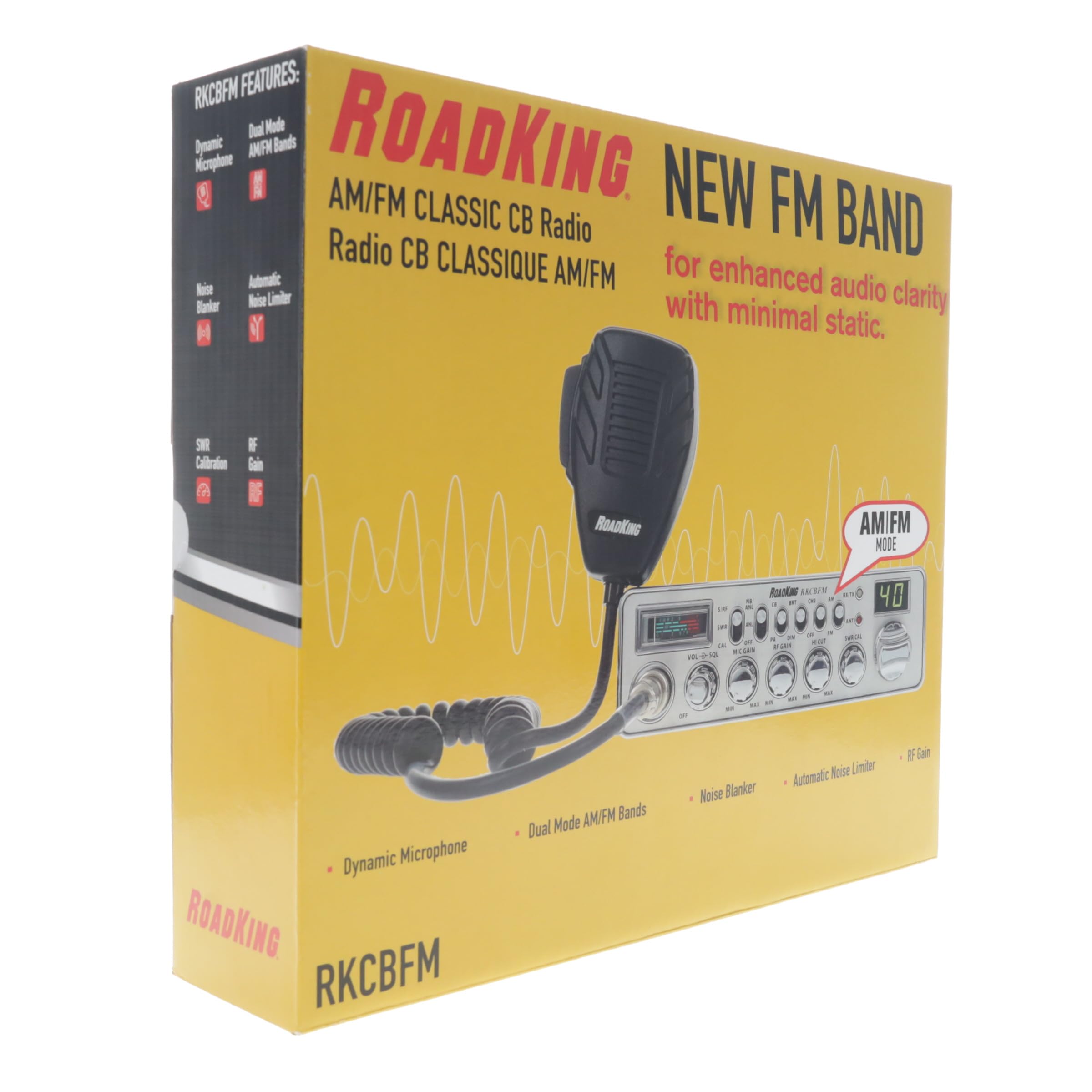 RoadKing RKCBFM Radio Am/FM CB Dual Mode pour Camionneurs Full 40 Canaux Pro Canal d'urgence CB avec Microphone à Annulation de Bruit, Grand Affichage, Couleur argentée
