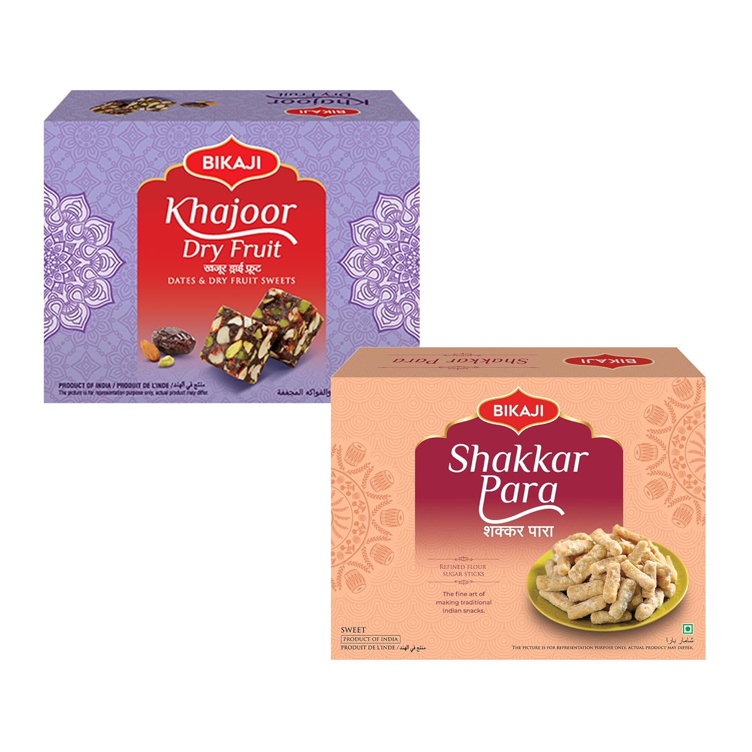 Bikaji Shakkar Para 400g & Khajur Dry Fruit Barfee 250g | Crunchy Bar Snack, Tea-Time Munchies & Party Mix | Authentic Munching Pack for Sharing & Everyday Snacking