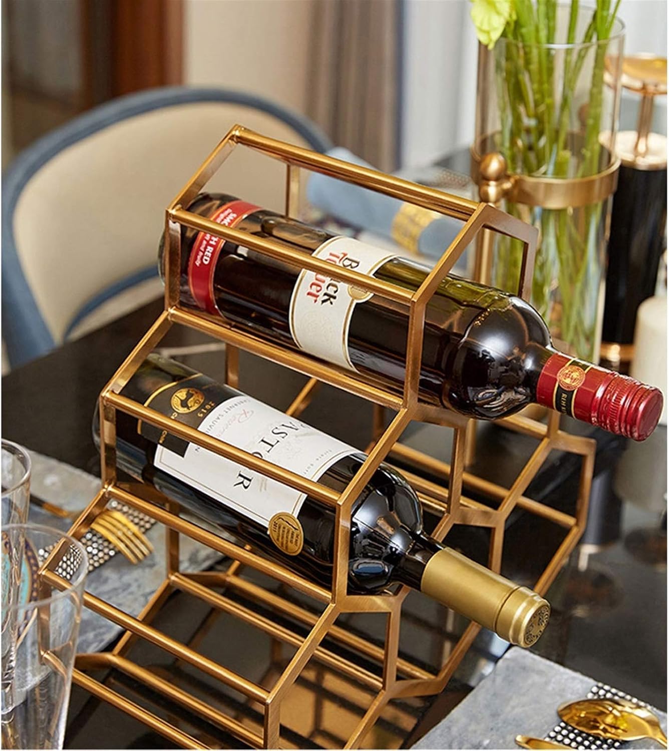 Wine Holder for Wine Storage Wine Rack,Countertop Wine Rack 6 Bottle Wine Holder for Wine Storage-No Assembly Required Golden Metal Wine Rack Small Wine Rack Tabletop Wine Racks Countertop