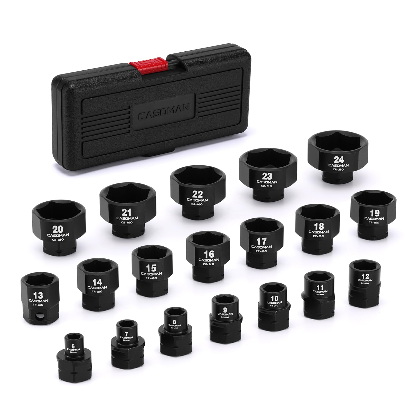 CASOMAN 19-Piece 3/8-Inch Drive Metric Stubby Low Profile Impact Socket Set, 6mm-24mm, No Skips Sizes, 6 Point, Cr-Mo, Shorter Socket for Tight Areas