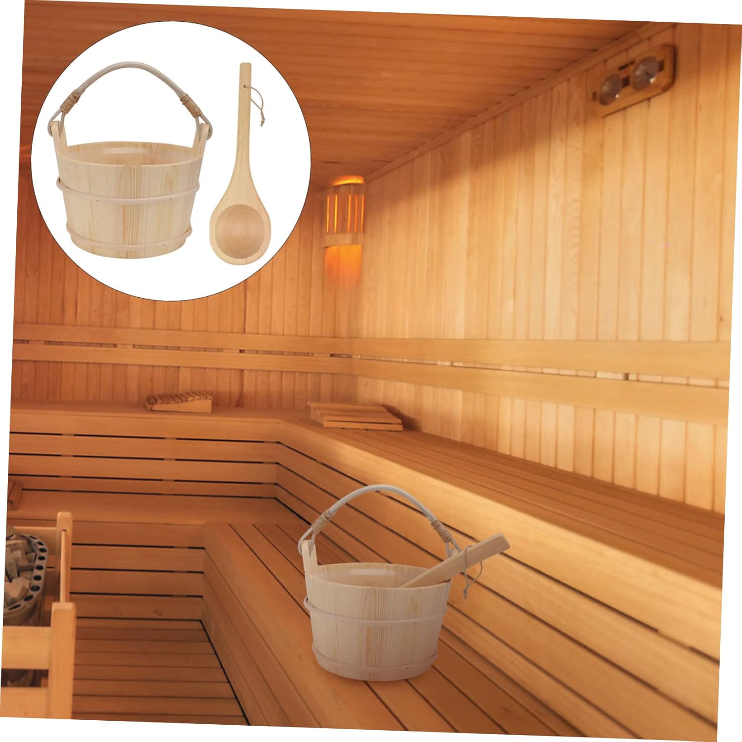 Sosoport Classic Wooden Sauna Bucket Luxury Sauna Accessories Set Pine Wood Bucket Ladle for Bath