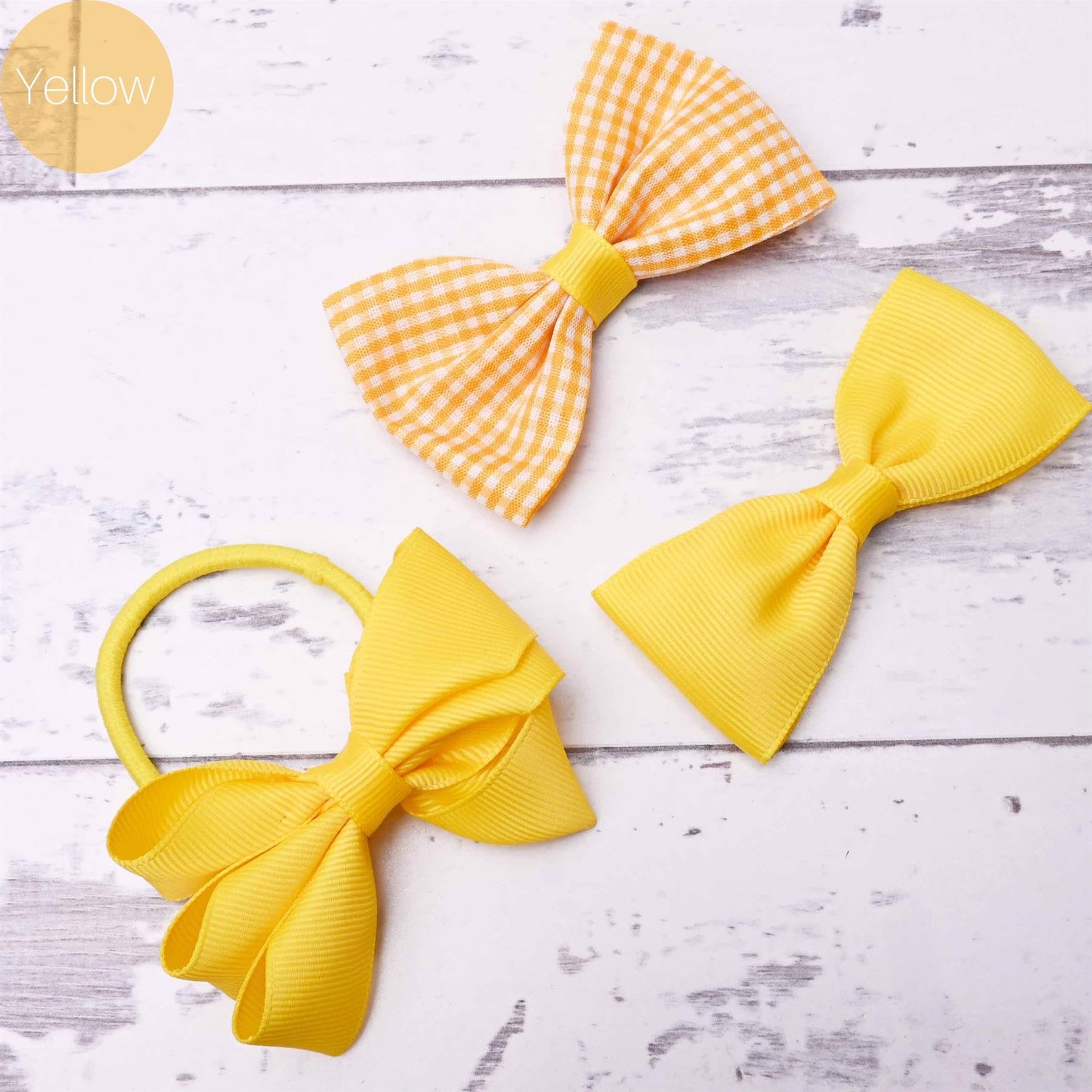 Basic Sense School Bow Hair Clips and Elastic Plain & Gingham Set - Accessories for Girls Yellow, 3 count (Pack of 1) - Image 4