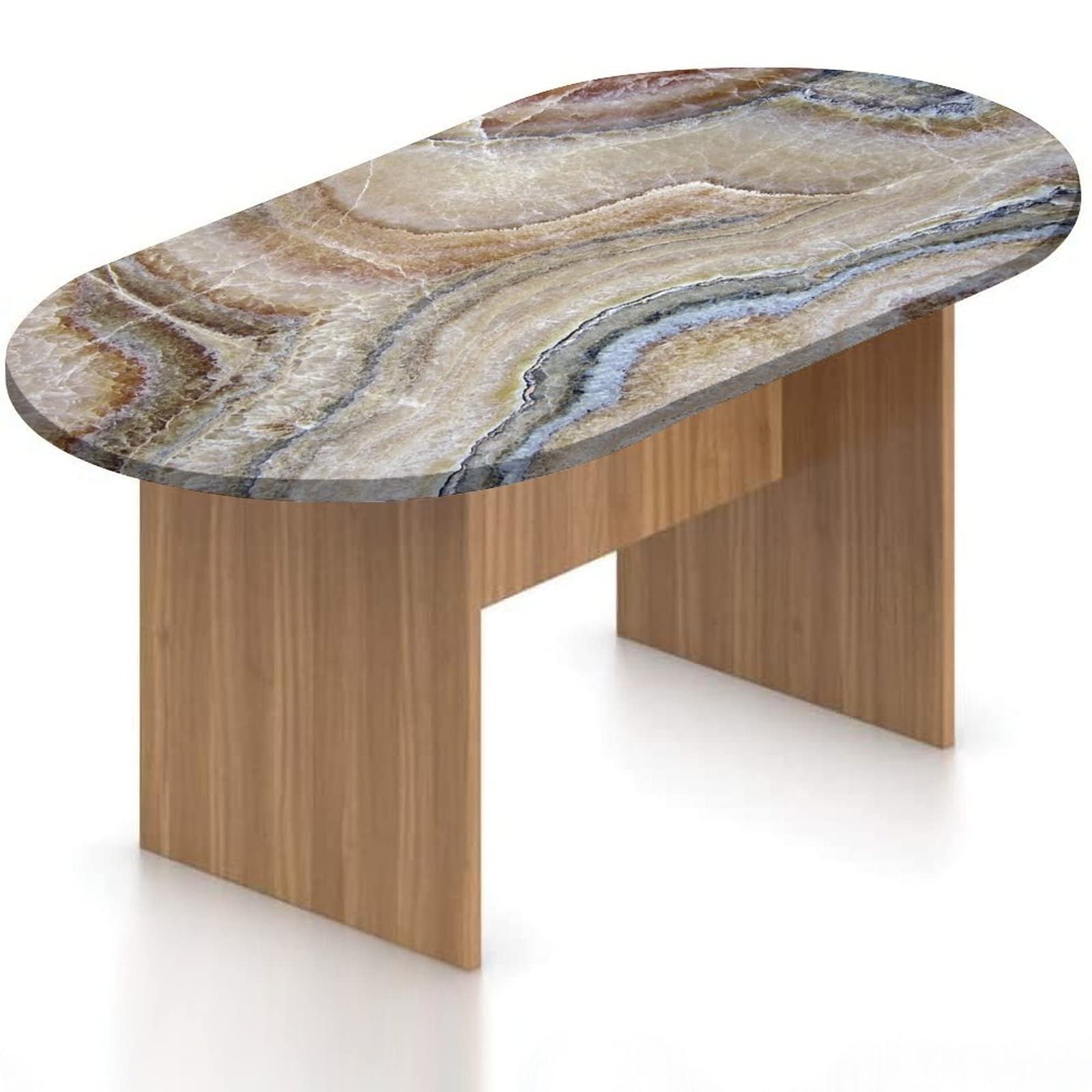 Oval Fitted Tablecloth, Marble Elasticized Polyester Table Cover,Surreal Onyx Stone Surface Pattern Print Fitted Table Cloth, Fits Oval Tables up to