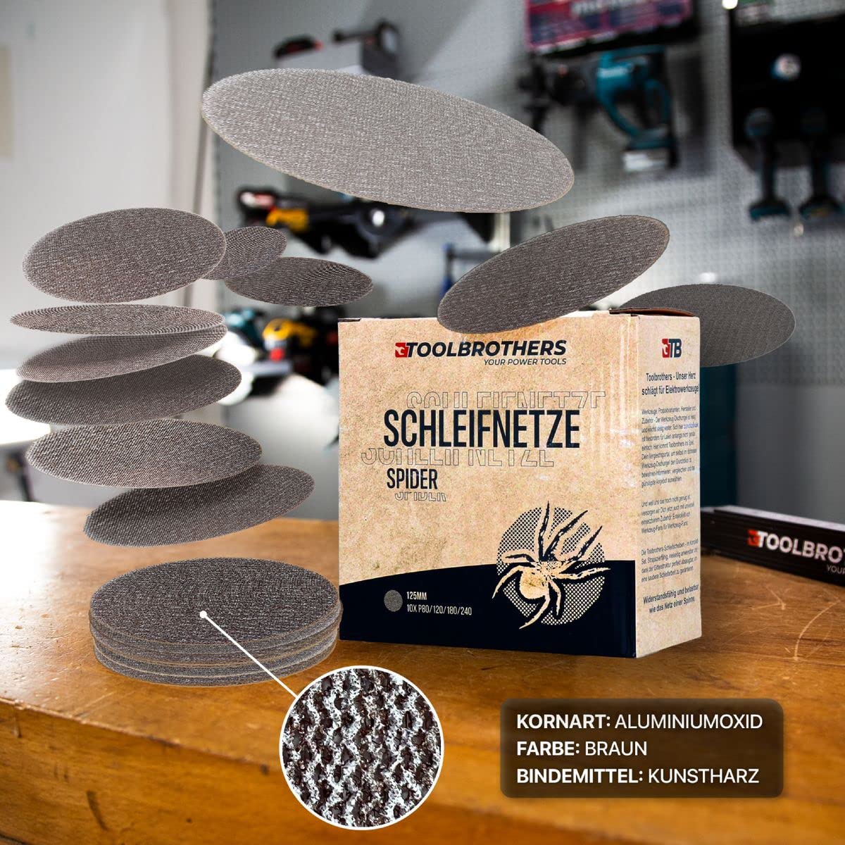Toolbrothers SPIDER zestaw do szlifowania siatkowego środek ścierny 4 opakowania 160 x siatka szlifierska 125 mm rzep po 40 x P80 / P120 / P180 / 240 do twardego drewna, miękkiego drewna, lakieru, kamienia, stali, aluminium, forniru