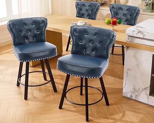 Miniatura 9 de Taburetes de bar de altura de mostrador, taburetes retro para cocina, taburete de bar giratorio con base de metal ajustable, taburete de cuero Negro