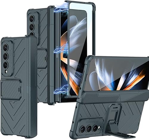 Miimall Funda compatible con Galaxy Z Fold 4, Fold 4 con protección de bisagra, soporte ajustable, protector de pantalla de vidrio templado, fundas