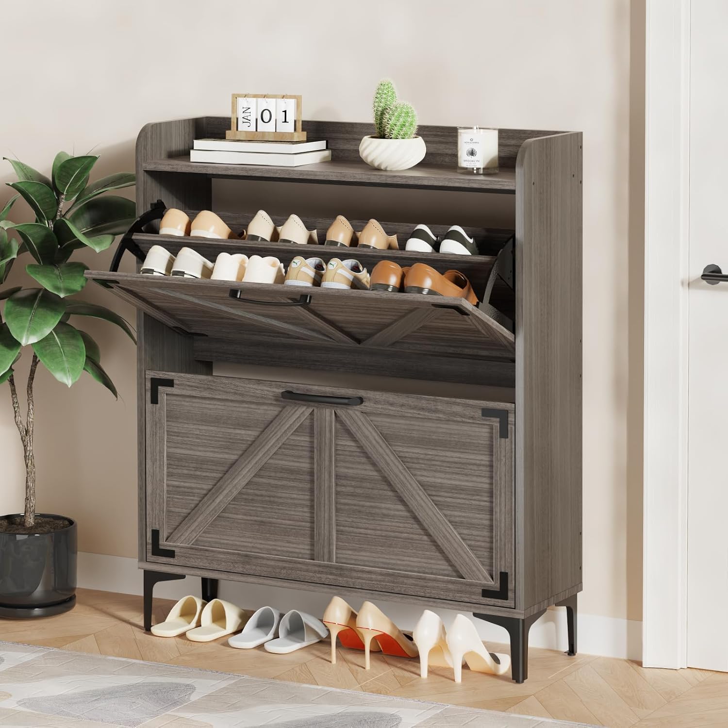 Derfullo 靴キャビネット フリップ引き出し2個付き 玄関用靴収納キャビネット 自立式シューズキャビネット オーガナイザー オ