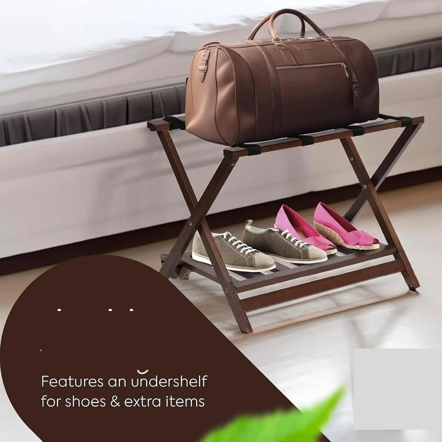 Luggage Rack Luggage Rack with Rack Shelf, Portable and Foldable Wooden Suitcase Stand for Bedroom Or Closet for Home,Travel