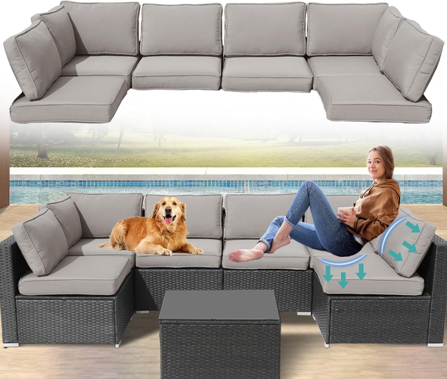 Outdoor Cushions for Patio Furniture,14Pieces Water-Resistant Replacement Cushions Fits 6-seat Sectional Rattan Conversation Set Outdoor Patio Sofa Cushion,Liner&Cover(Grey)