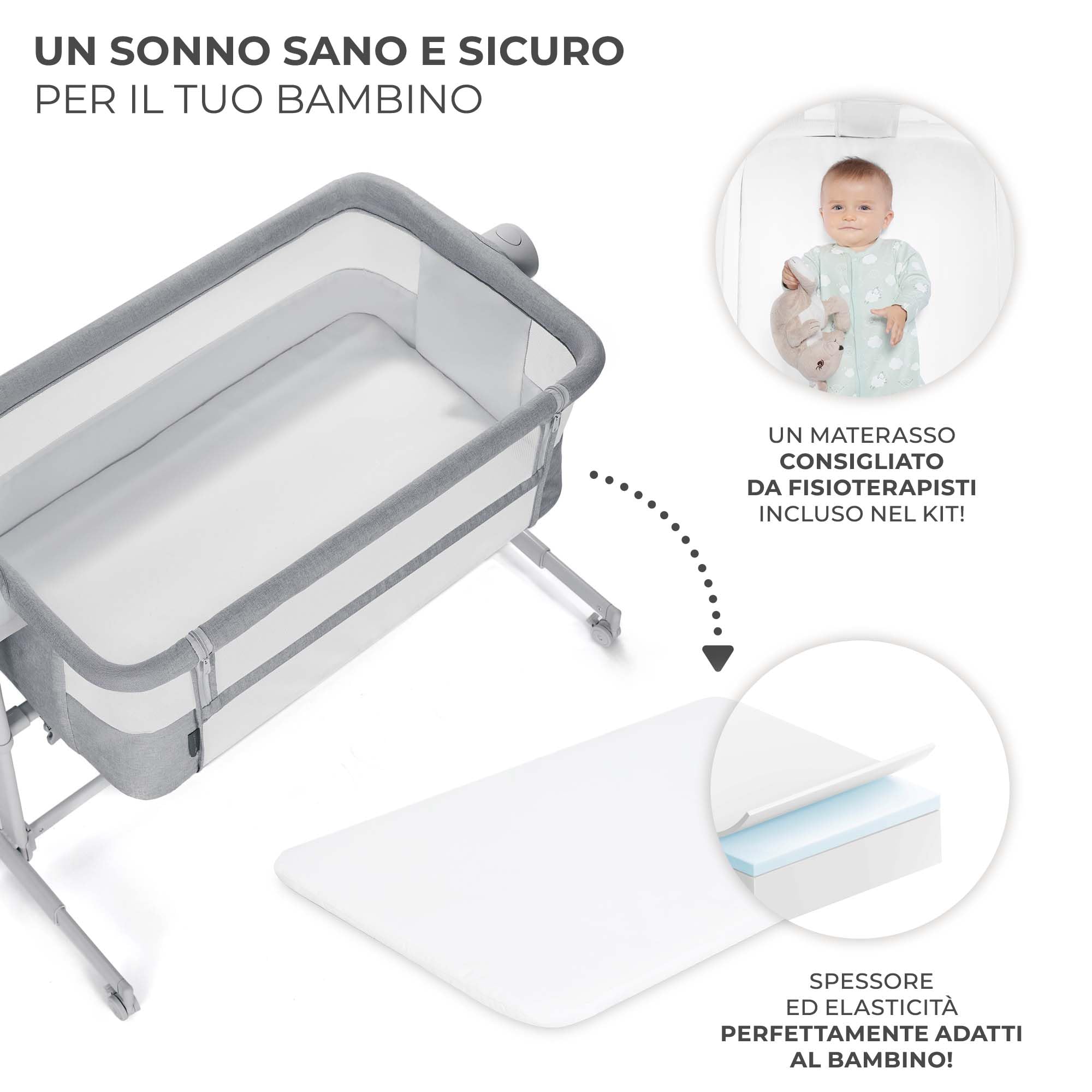 KINDERKRAFT Neste UP 2 Lit bébé cododo, Lit Bebe avec Matelas de la Naissance, Réglage de la Hauteur, Facile Adapter au lit du Parent, Pieds réglables, Gris Clair