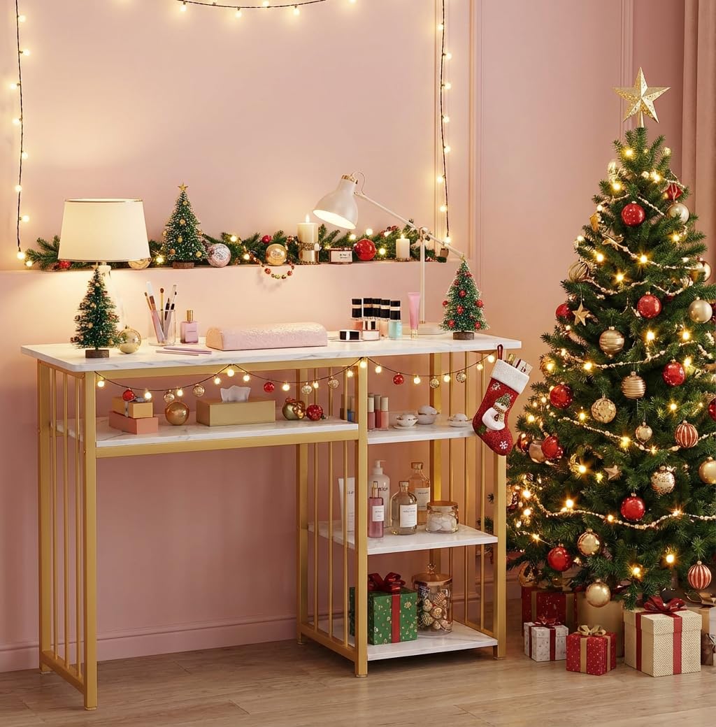 Biurko do paznokci, stacja do manicure, marmurkowa tekstura manicure z wieloma otwartymi półkami, stacja robocza do salonu spa, biurko do salonu piękności, spa, białe