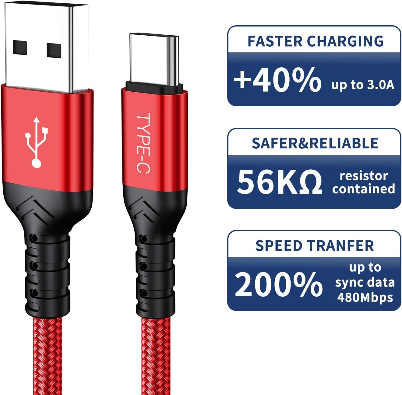 Short USB C Cable,3-Pack(1ft+2x3ft) USB Type C Charger Nylon Braided Fast Charging Cord Compatible Samsung Galaxy S10+ S9 S8 Plus,Note 9 8,G5 G6 G7 V35,Google Pixel,Moto Z2 Z3,Power Bank(Red)