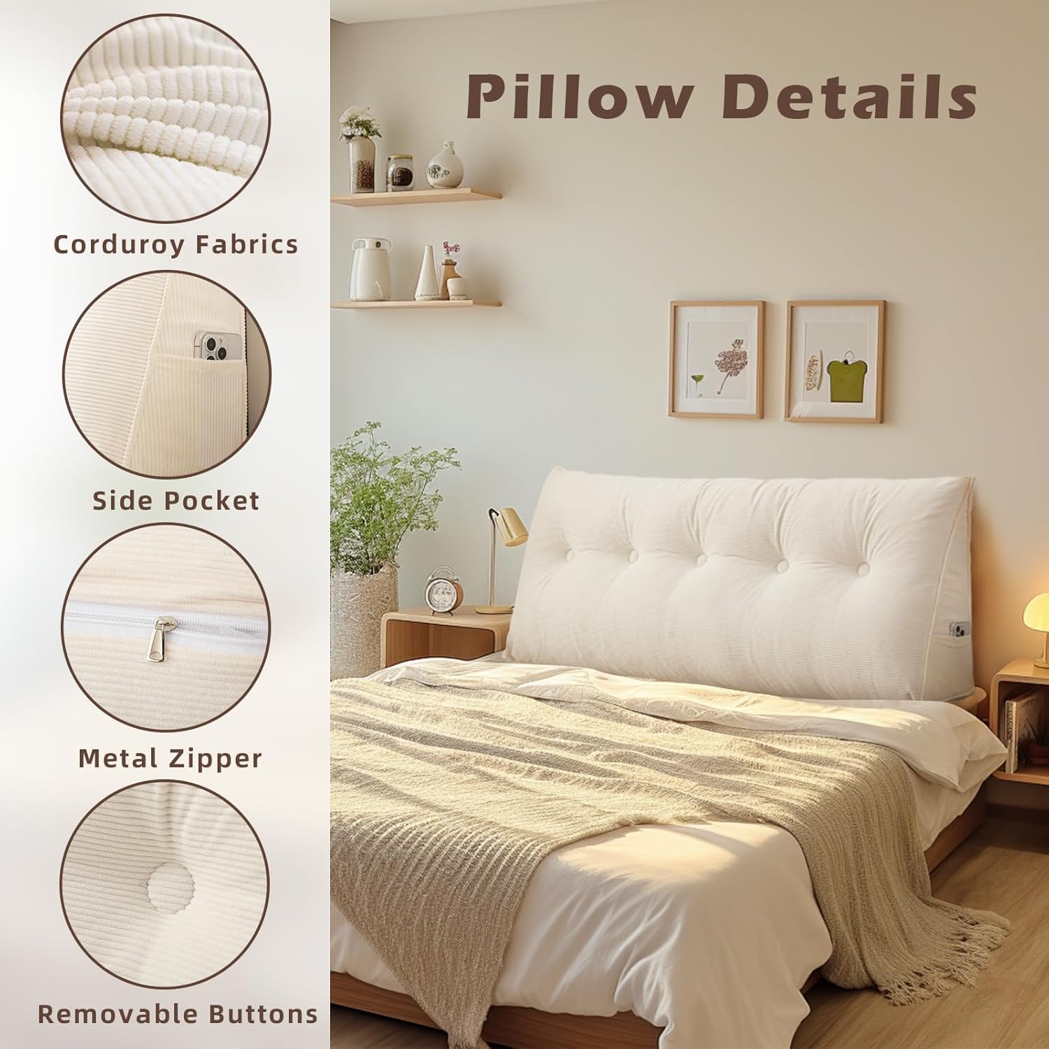 Triangular Headboard Pillow, Queen Size Backrest Reading Pillow with Removable Cover, Black Back Rest Cushion Daybed for Sleeping