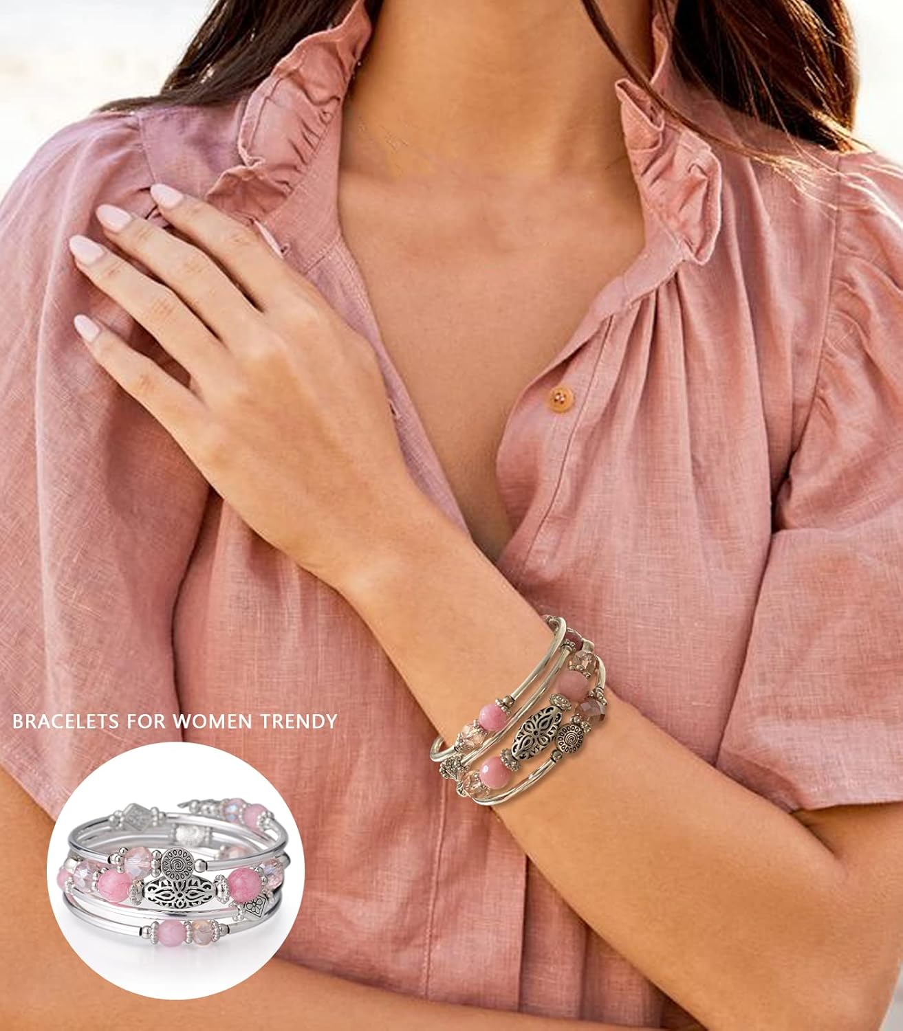 FULU AUTUMN Stackable Beaded Bracelets for Women Boho Wrap Silver Bracelet Layered Fashion Jewelry Gifts for Her - Image 4