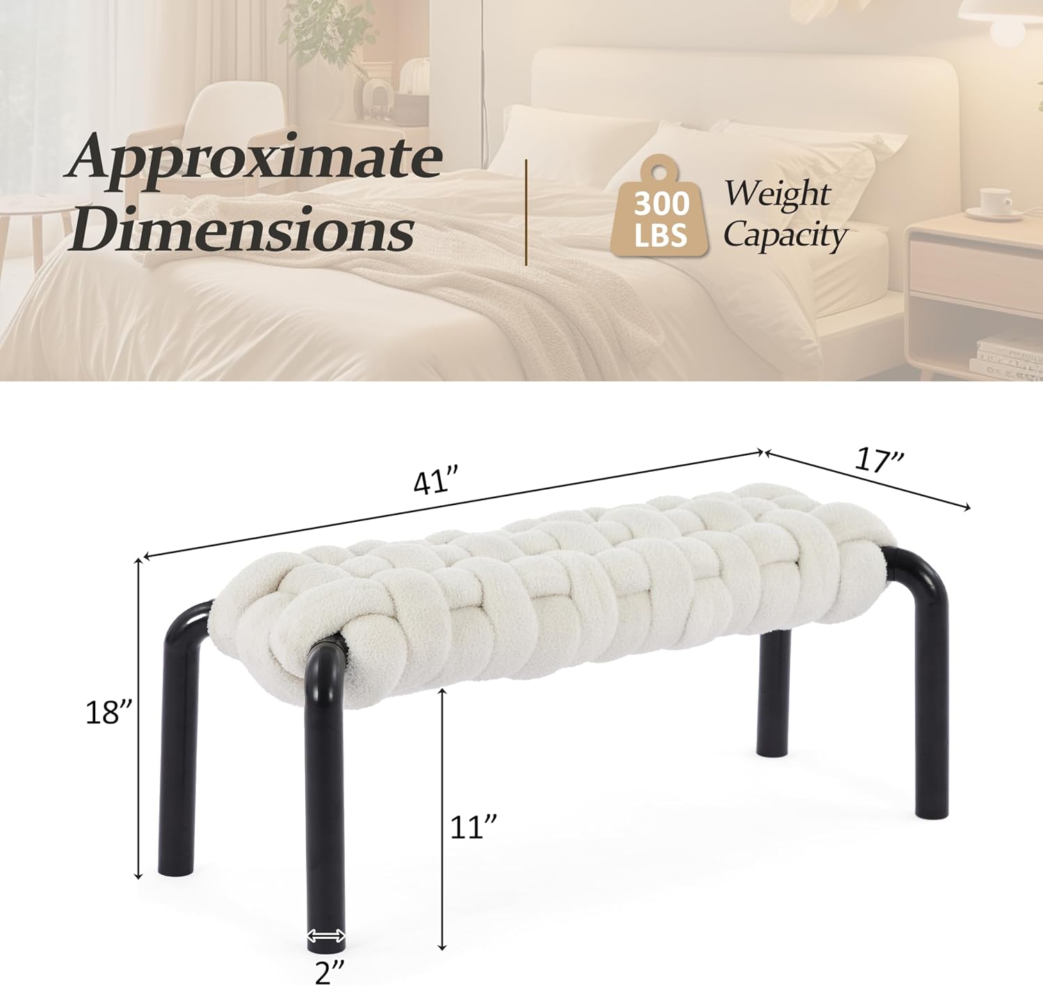 Christopher Knight Home Roach 41" Modern Teddy Braided Upholstered Entryway Bench, Ottoman Bench with Curved Metal Legs, Long Footstool for Living Room Dining Room, End of Bed Ottoman, White