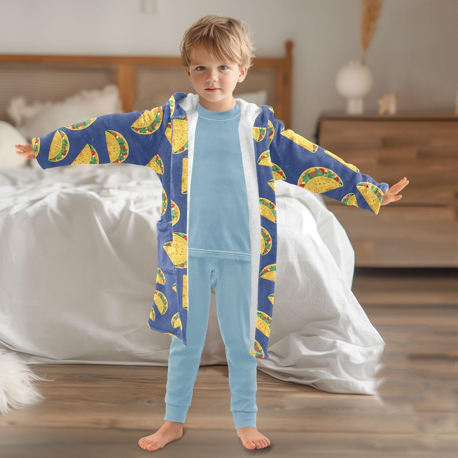 Cartoon Tacos Navy Pattern Toddler Hooded Bathrobe for Boys Girls Soft Plush Bath Towel Robe 2-12 Years
