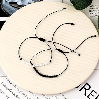 DIVINA VITAE Matching Couples Bracelets Adjustable Boyfriend Girlfriend Bracelets Matching Bead Promise Bracelet for Her Him Women Men(Black + White)