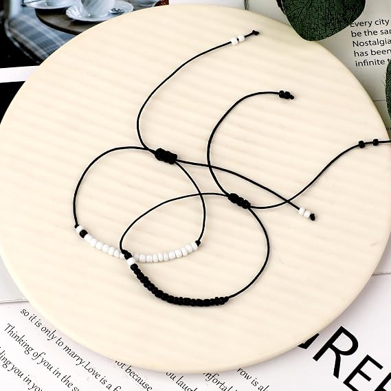 DIVINA VITAE Matching Couples Bracelets Adjustable Boyfriend Girlfriend Bracelets Matching Bead Promise Bracelet for Her Him Women Men(Black + White)