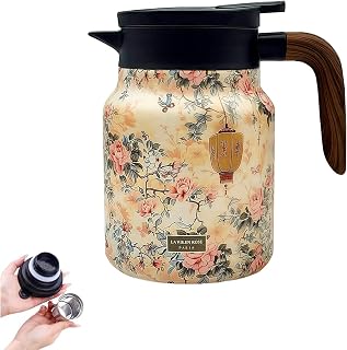 1,0L Tee Thermoskanne mit Siebeinsatz, Edelstahl 316 Teekanne Isolierkanne, 1000 ml Vintage Blumenmuster Thermoskanne mit Teesieb, Kaffeekaraffe Thermo Teekanne für Zuhause, Büro, Camping (Rosa)