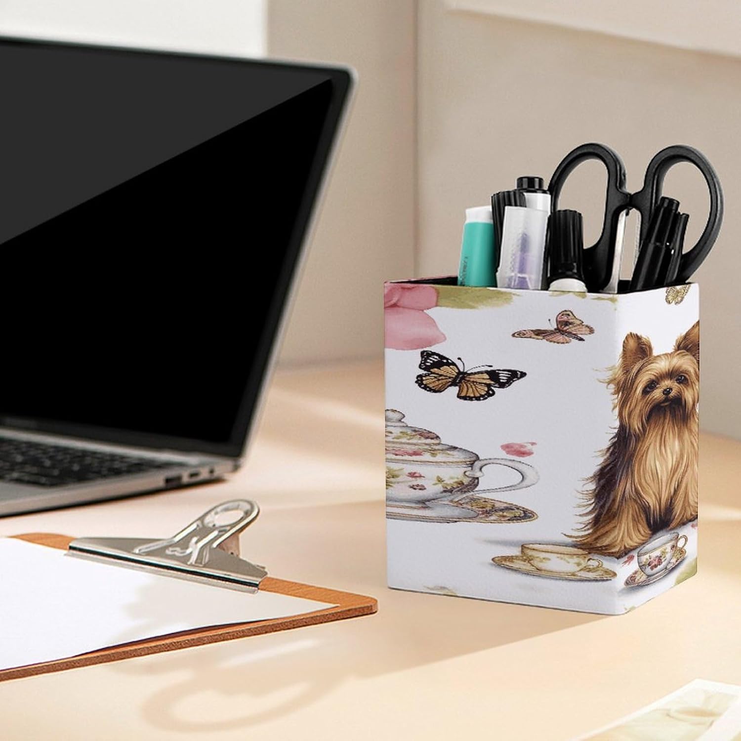 Yorkshire Terrier Tea Party Butterflies Roses Pen Holder Personalized Desktop Pencil Holders Case Office Accessories Container Box for Square Pen Cup Desktop Organizer Makeup Brush Holder Caddy Storag image 5