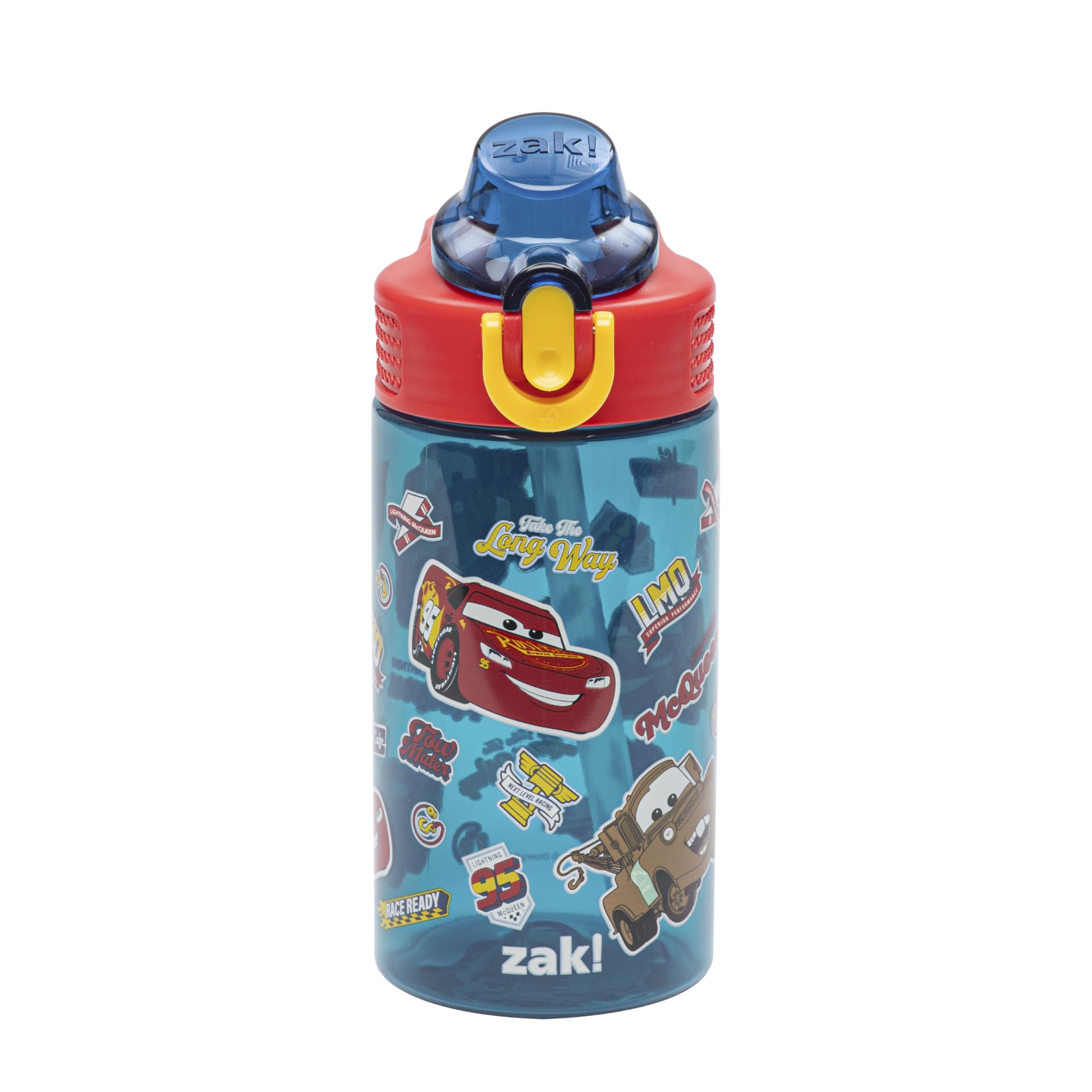 Zak Designs Disney Pixar Cars Sage Kids Water Bottle For School or Travel, 16oz Durable Plastic Water Bottle With Straw, Handle, and Leak-Proof, Pop-Up Spout Cover (Lightning McQueen & Mater)