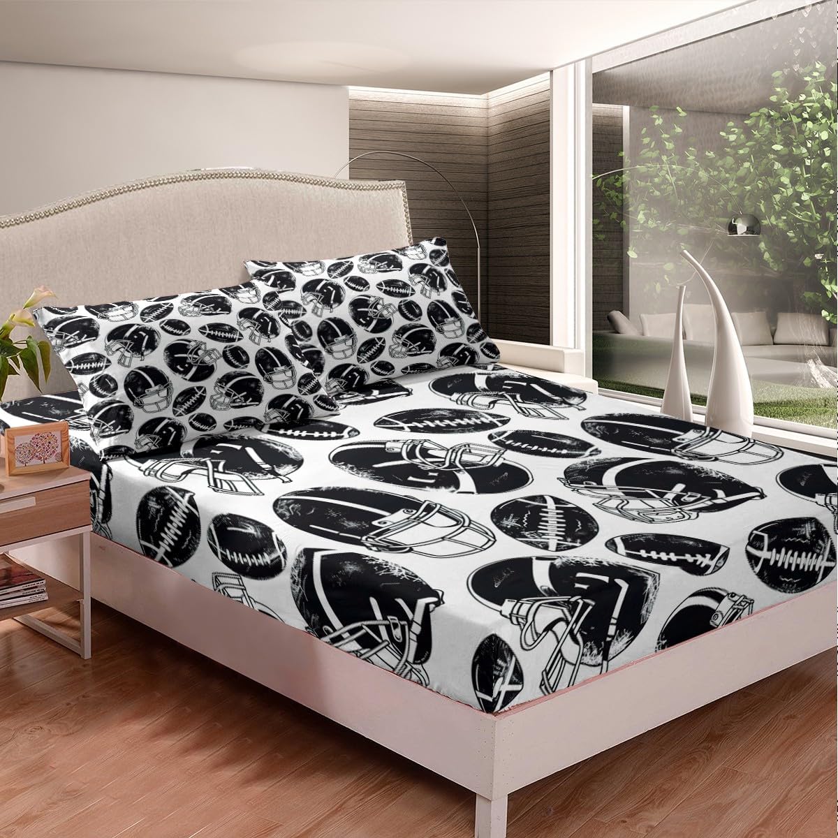 Feelyou Boys Rugby Printed Bedding Set for Kids Children Sports Theme Fitted Sheet Decorative American Football Pattern Bed Sheet Set Black White Design Bed Cover Twin Size 2Pcs